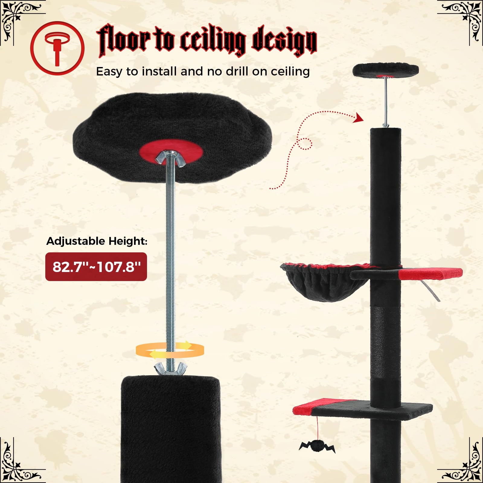 Pequlti Gothic Cat Tree Floor To Ceiling, Tall Cat Tower, Adjustable Height (83''-108'') 5 Tiers Climbing Tree For Indoor Cats W