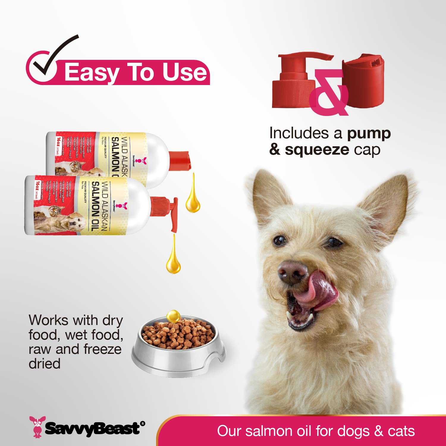 SavvyBeast Wild Alaskan Salmon Oil for Dogs, Cats & Ferrets - Omega-3 Fish Oil Pet Supplement with EPA & DHA - Supports Skin, Co
