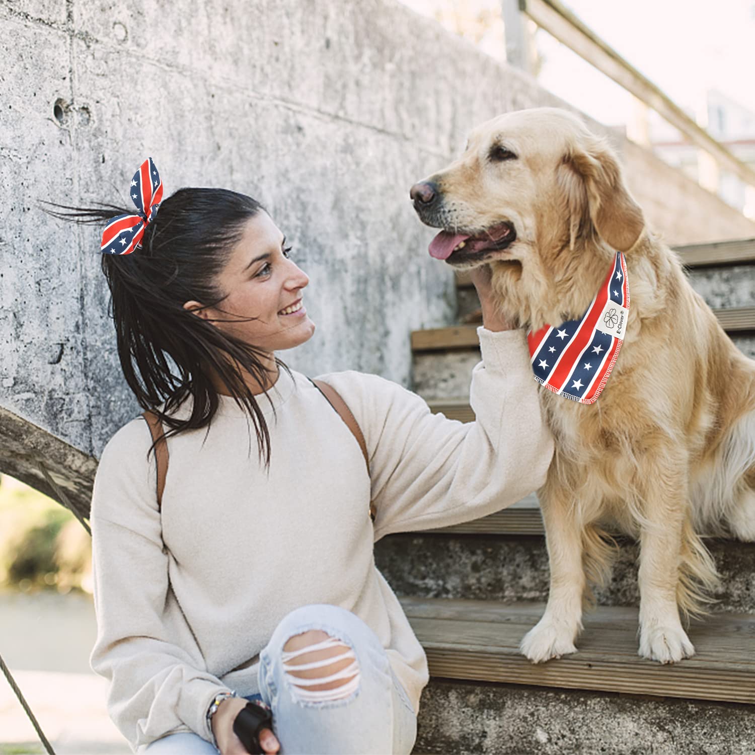 E-Clover 4Th Of July Dog Bandanas & Matching Scrunchie Set American Flag Dog Scarf For Medium Large Dogs Patriotic Pet Bandana K