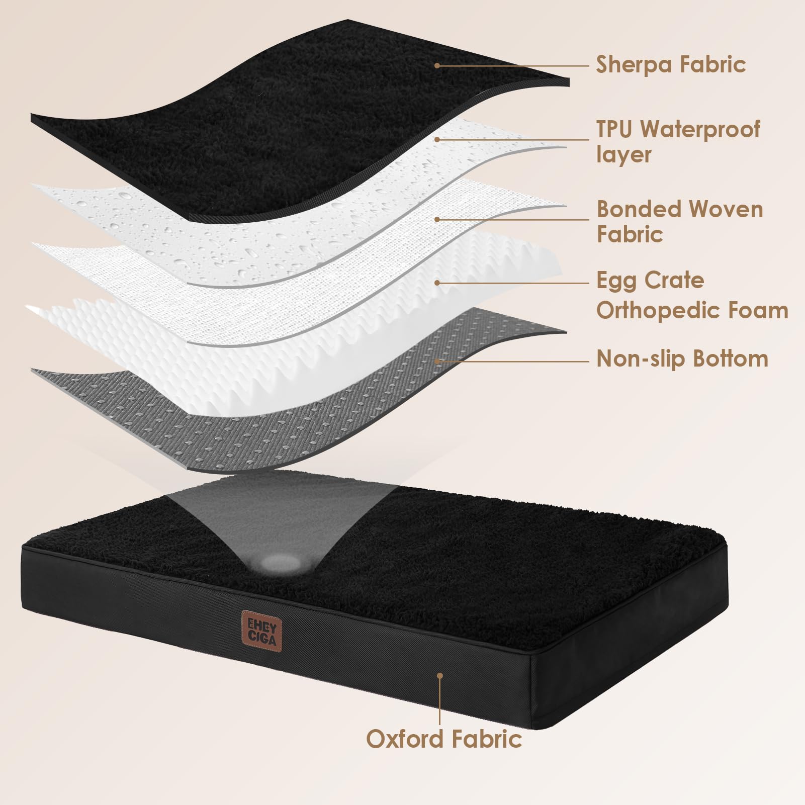 EHEYCIGA Orthopedic XL Dog Bed - Removable Washable Cover, Black, 44"x32", Ideal for Extra Large Dogs, Durable Polyester