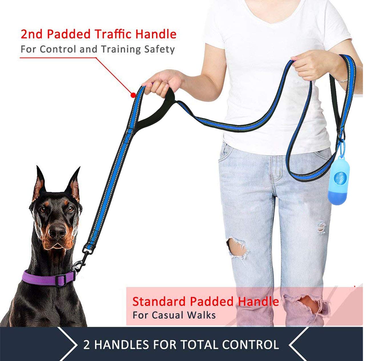 Jsxd Heavy Duty Double Handle Dog Leash - 5 Ft With Comfortable Padded And Reflective Rope, Suitable For Small, Medium, Large Do