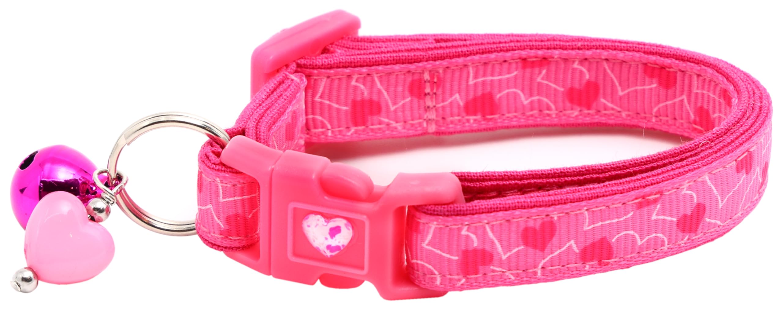 Valentines Day Cat Collar With Bell | Safety Breakaway Collar | Adjustable Large Size Or Kitten Collar (Bright Pink Hearts On Pi