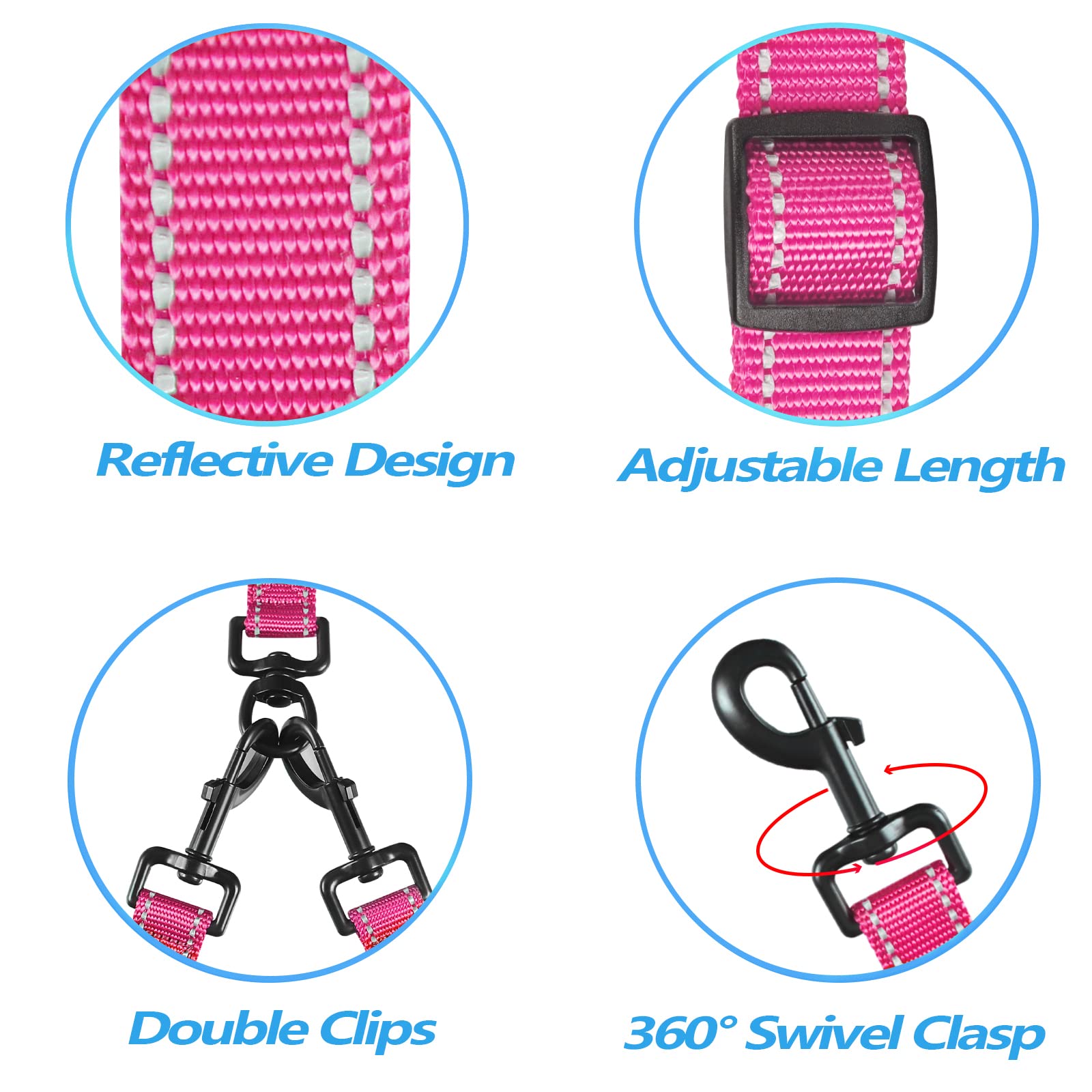 Petbonus Double Dog Leash, No Tangle Dual Dog Leash, Reflective Walking Training Leash, 4 Comfortable Padded Handles For 2 Dogs With Collapsible Bowl And Waste Bags Dispenser (Pink, Large)