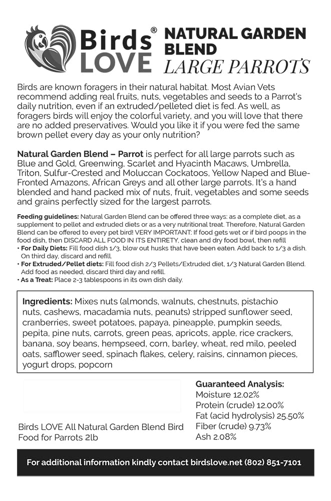Birds LOVE All Natural Garden Blend Bird Food for Parrots, 2lb - Healthy, Nutritious Mix for Optimal Parrot Health