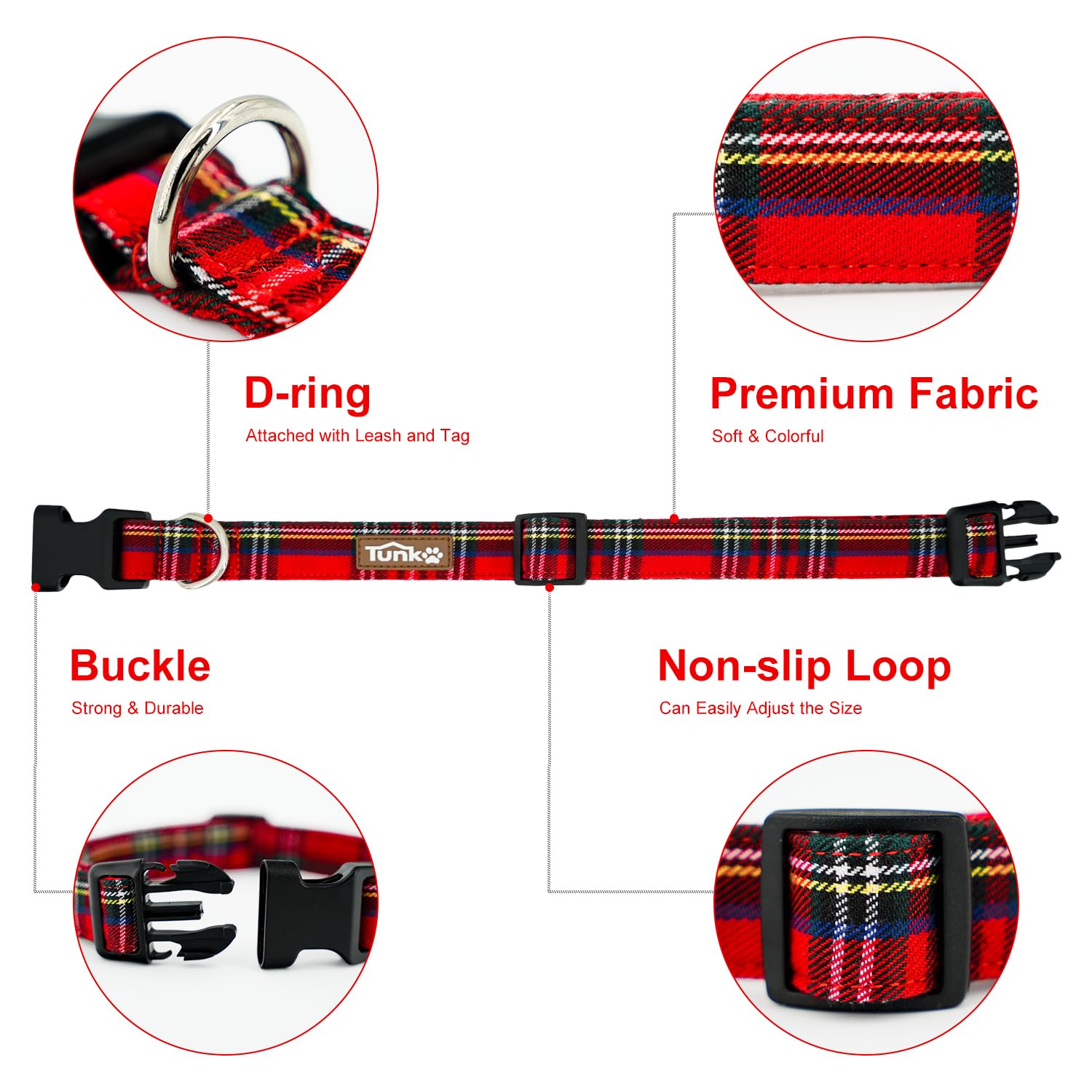 Tunkoo Christmas Plaid Dog Collar, Cute Adjustable Red Collar For Boy And Girl Dogs, Dog Collar With Strong Plastic Buckle - For