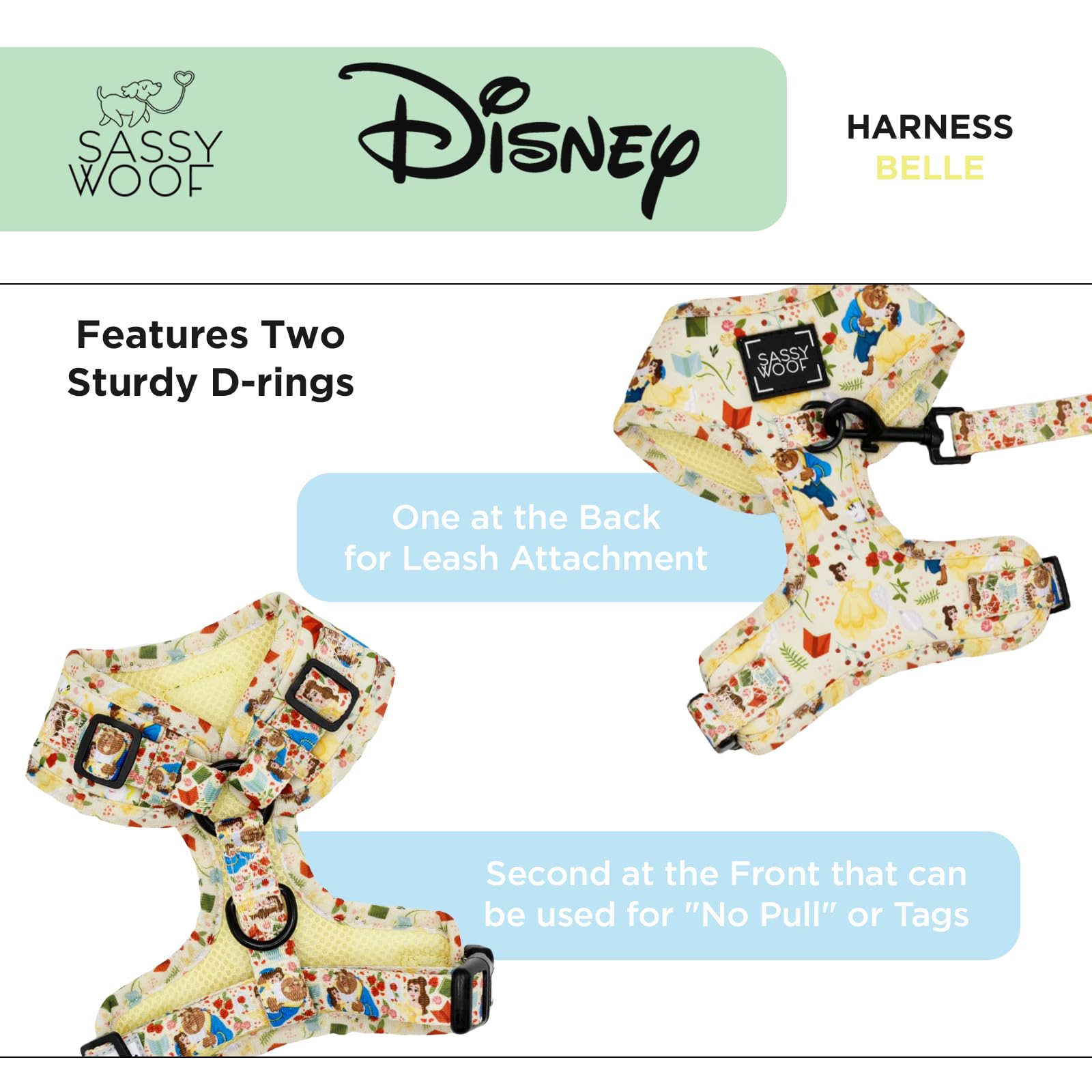 Sassy Woof Dog Adjustable Harness - Disney Princess Beauty And The Beast Belle - Xl, Breathable Mesh, No Pull Design With Two D-