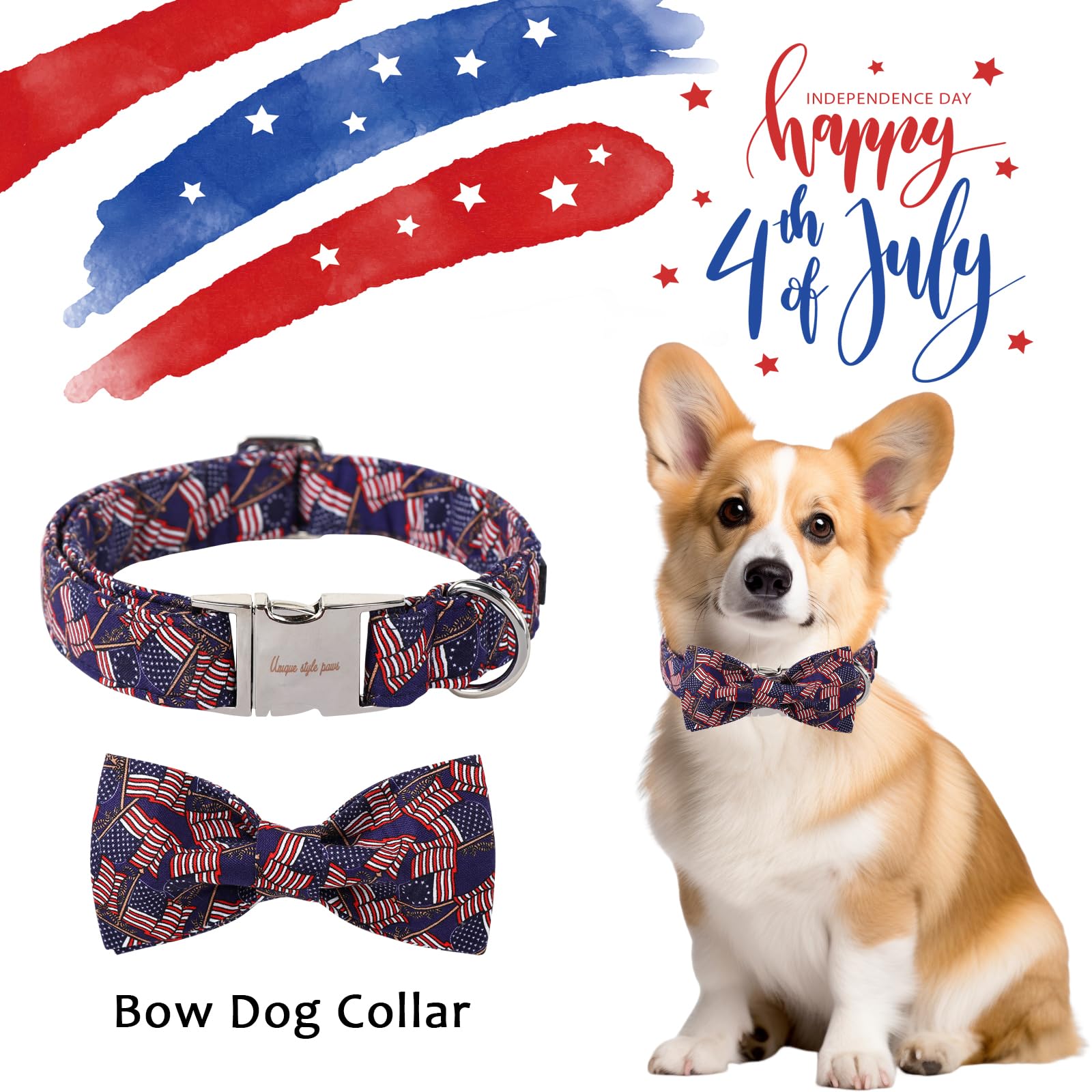 Patriotic Dog Collar With Bow, Unique Style Paws 4Th Of July Dog Collar, Independence Day Collars Adjustable American Flag Pet C