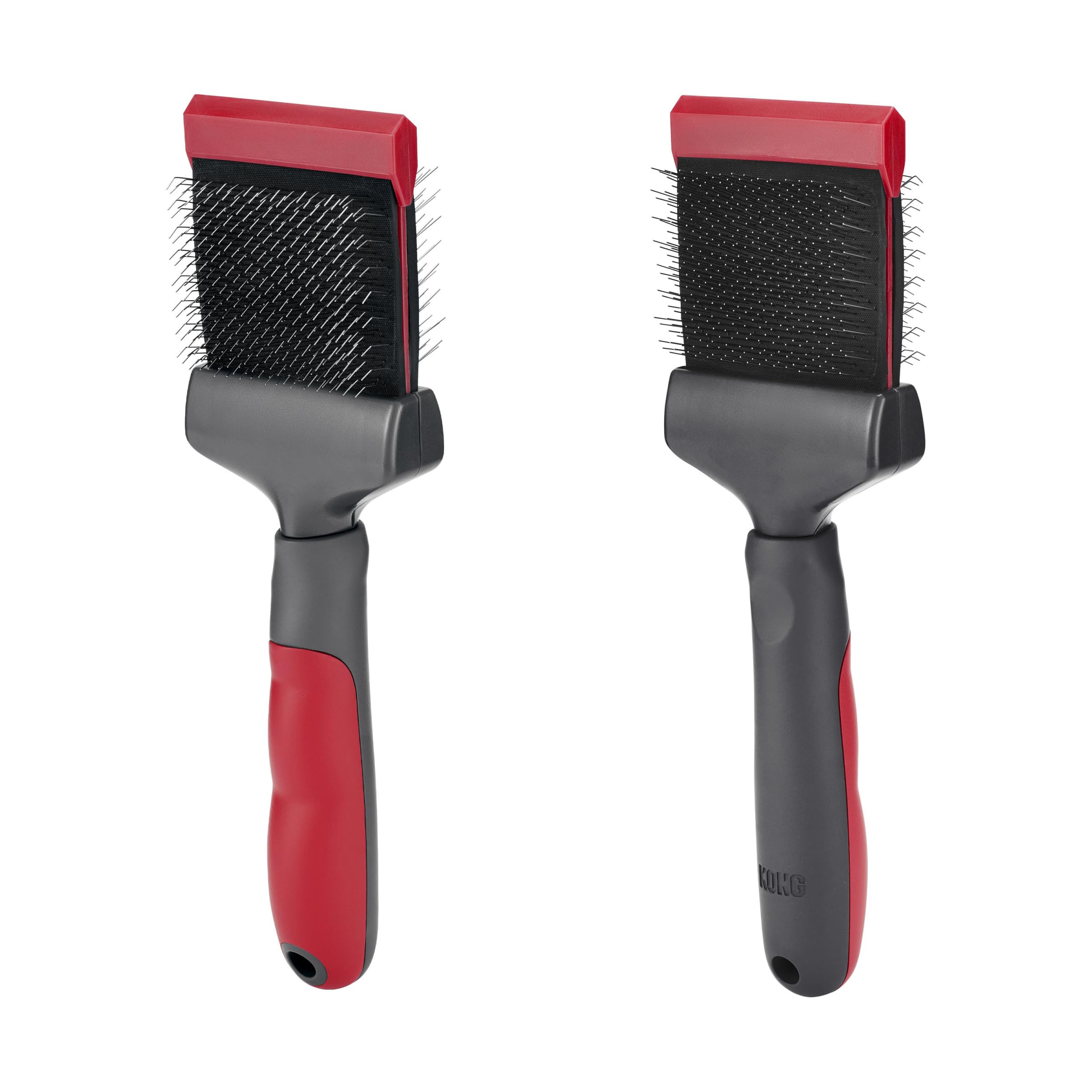 KONG Double-Sided Flexible Slicker Brush - De-Shedding & Detangling Tool, Padded Grip, Long Metal Pins, Flexible Head, for Mediu