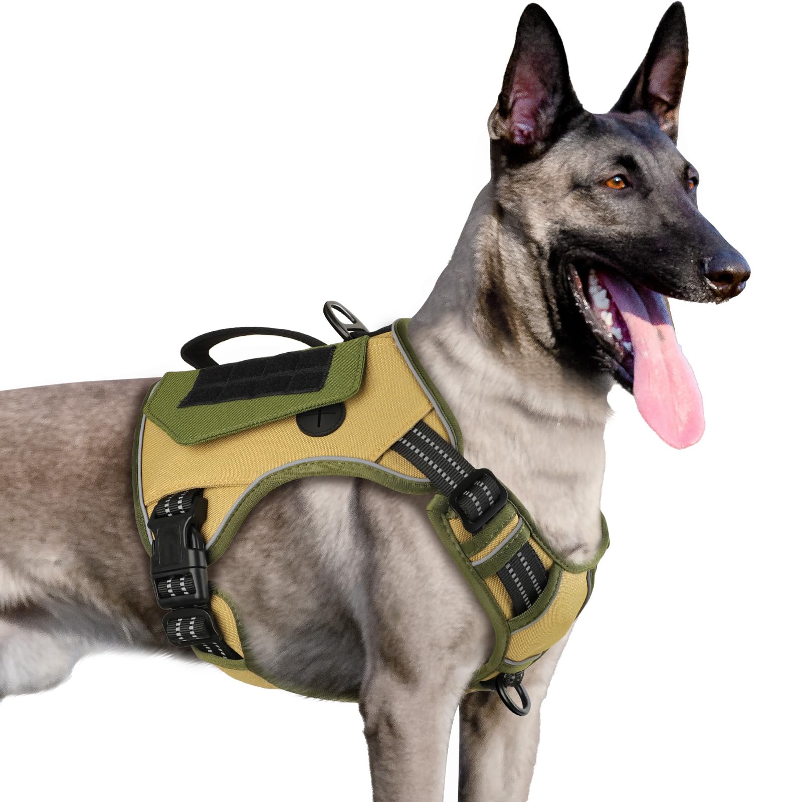 Wingoin Tactical Dog Harness For Medium Dogs, No Pull Harness With Handle 2 Pockets Poop Bag, Reflective Dog Vest, Military Service Heavy Duty Big Dog Harness For Walking Hiking Training, Khaki, M