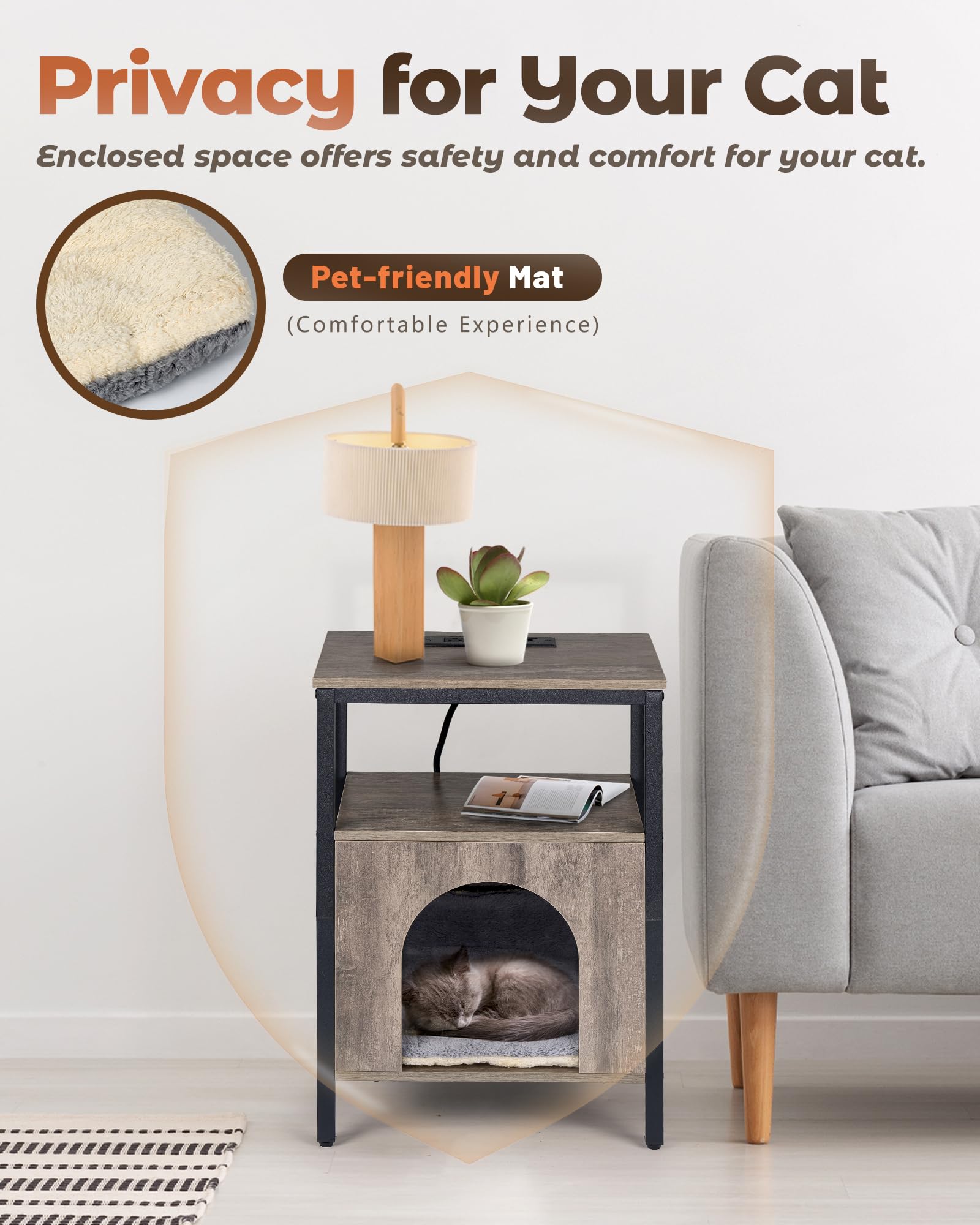 Upolana Cat End Table with Charging Station, Indoor Cat House Side Table with Bed, Cat Cave Hideaway Night Stand, Greige