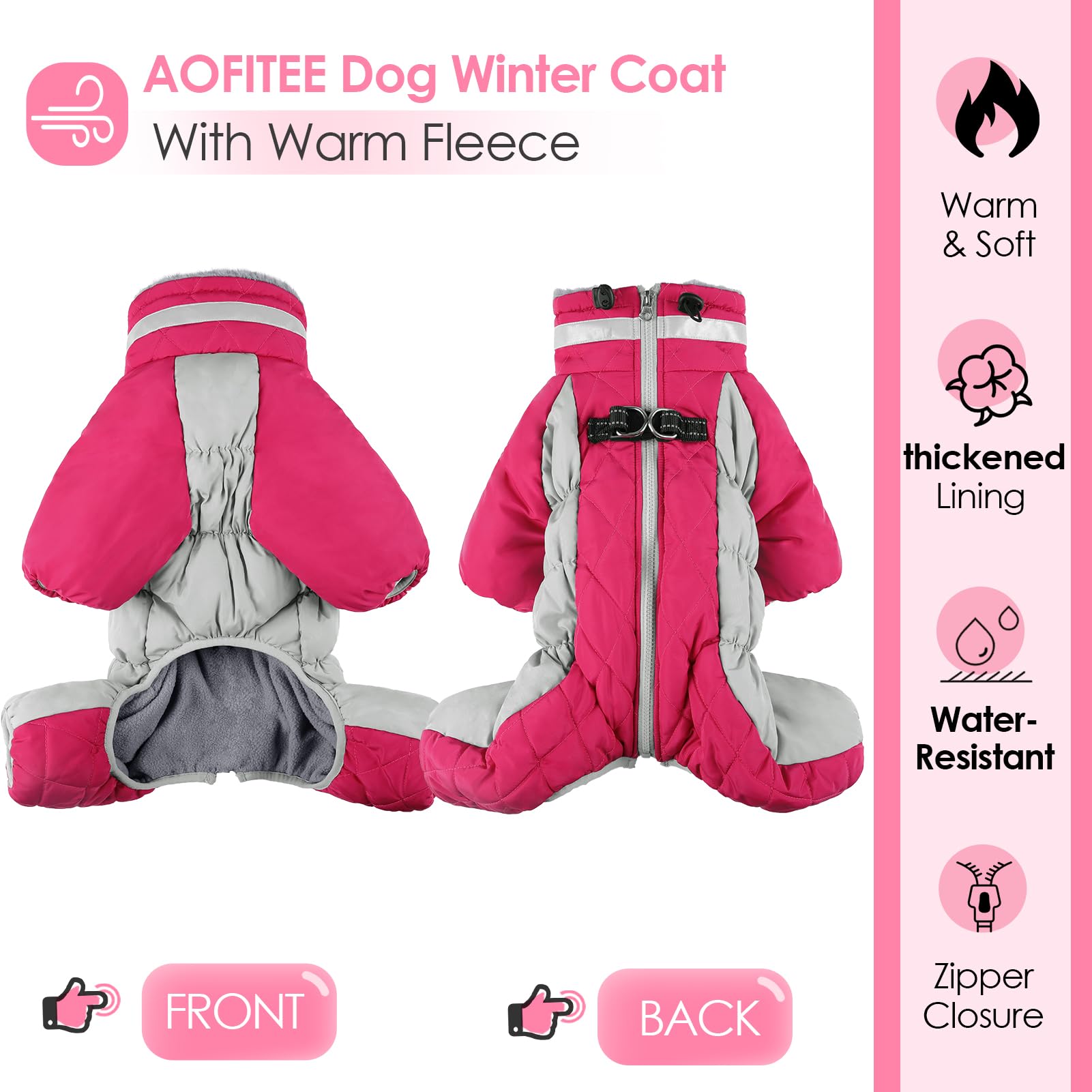 AOFITEE Dog Puffer Jacket: Windproof, Reflective Turtleneck Dog Snouseuit - Built-in Harness for Small/Medium/Large Dogs