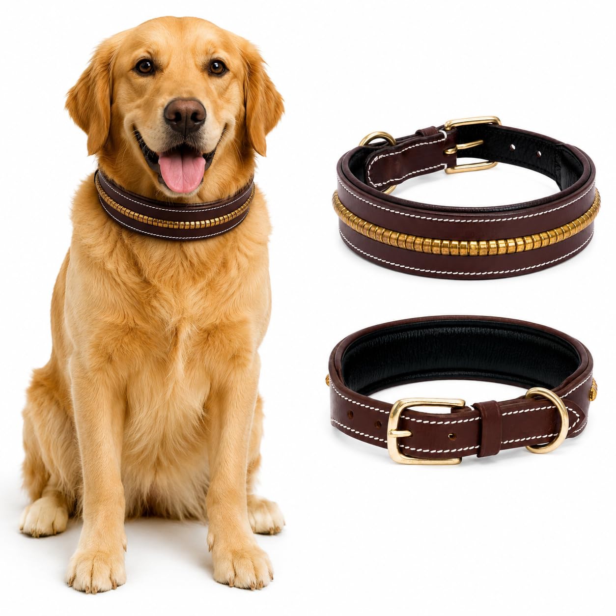 AdilS Genuine Leather Dog Collars, 1.5 Inch Width Mid Chain Dog Collar With Stylish Look, Durable Metal Chain Dog Collar Dog (Br