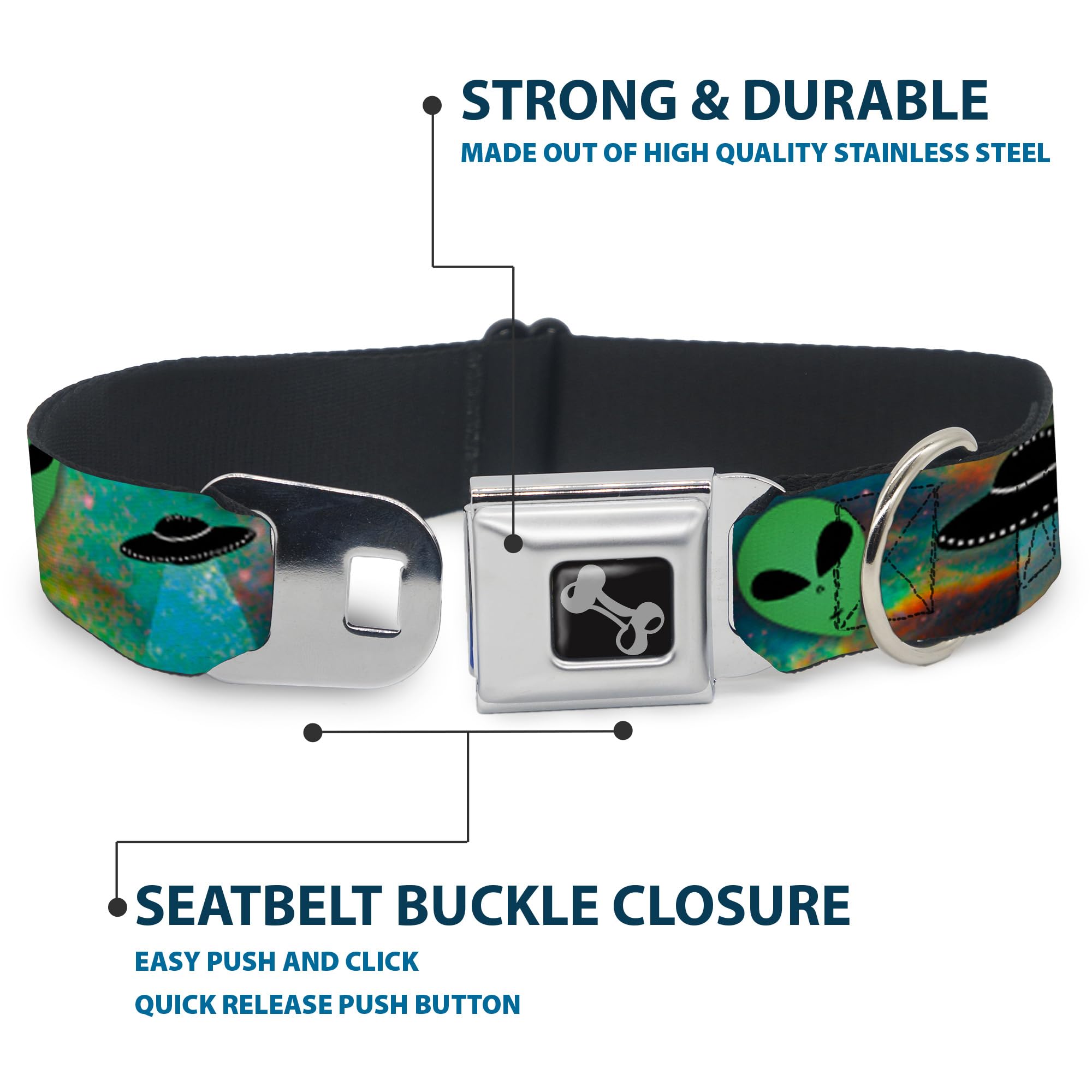 Buckle-Down Dog Collar Seatbelt Buckle Aliens Ufos Galaxy Green Black White, Multicolor, 1.5'''' Wide - Fits 16-23'''' Neck - Me