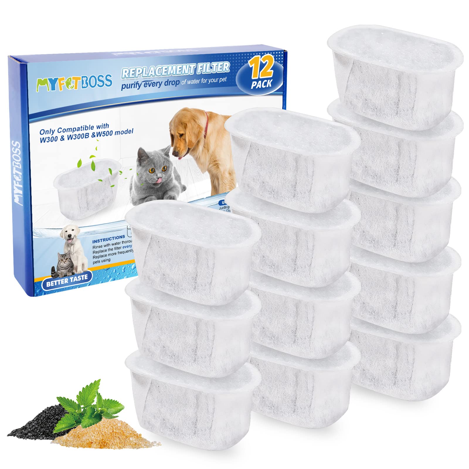 Myfatboss 10 Pack Cat Water Fountain Filter For W300&W300B&W500 Cat Water Fountain, Filters For 67Oz/2L And 3.5L Automatic Pet W