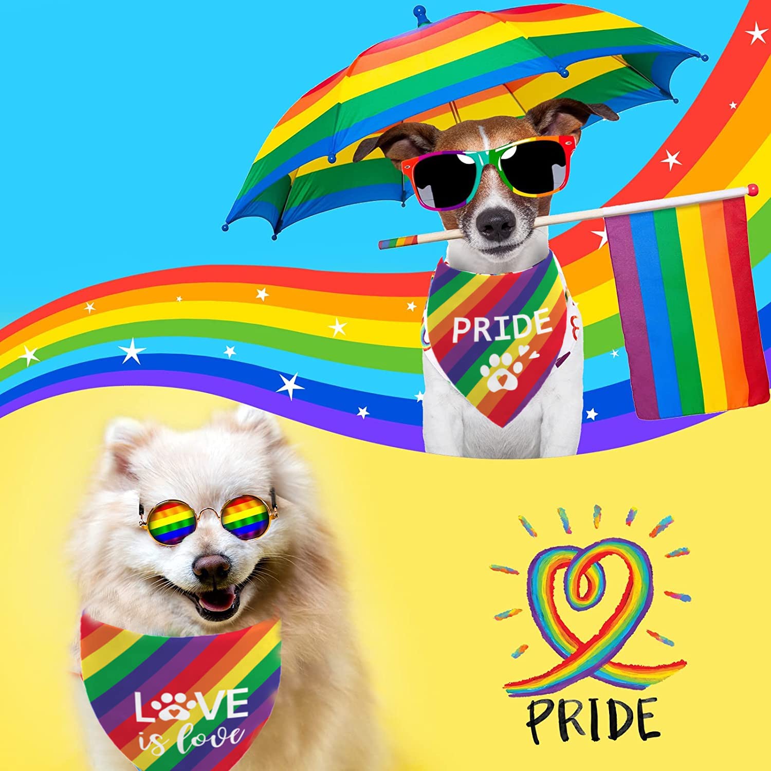 Pride Dog Bandanas Puppy Scarf - Lgbt Rainbow Dog Outfits - 2 Pcs Adjustable Triangle Double-Layer Reversible Pet Bandanas For S