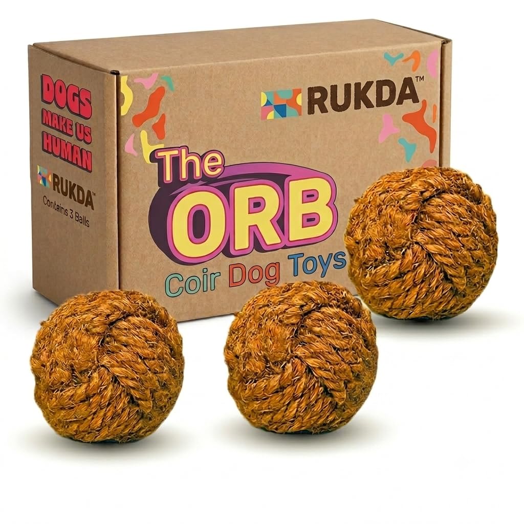 Rukda The Orb Natural Coconut Coir Dog Chew Ball (3Pack) | 100% PlasticFree, Biodegradable Teething Toy With Natural Seed Core