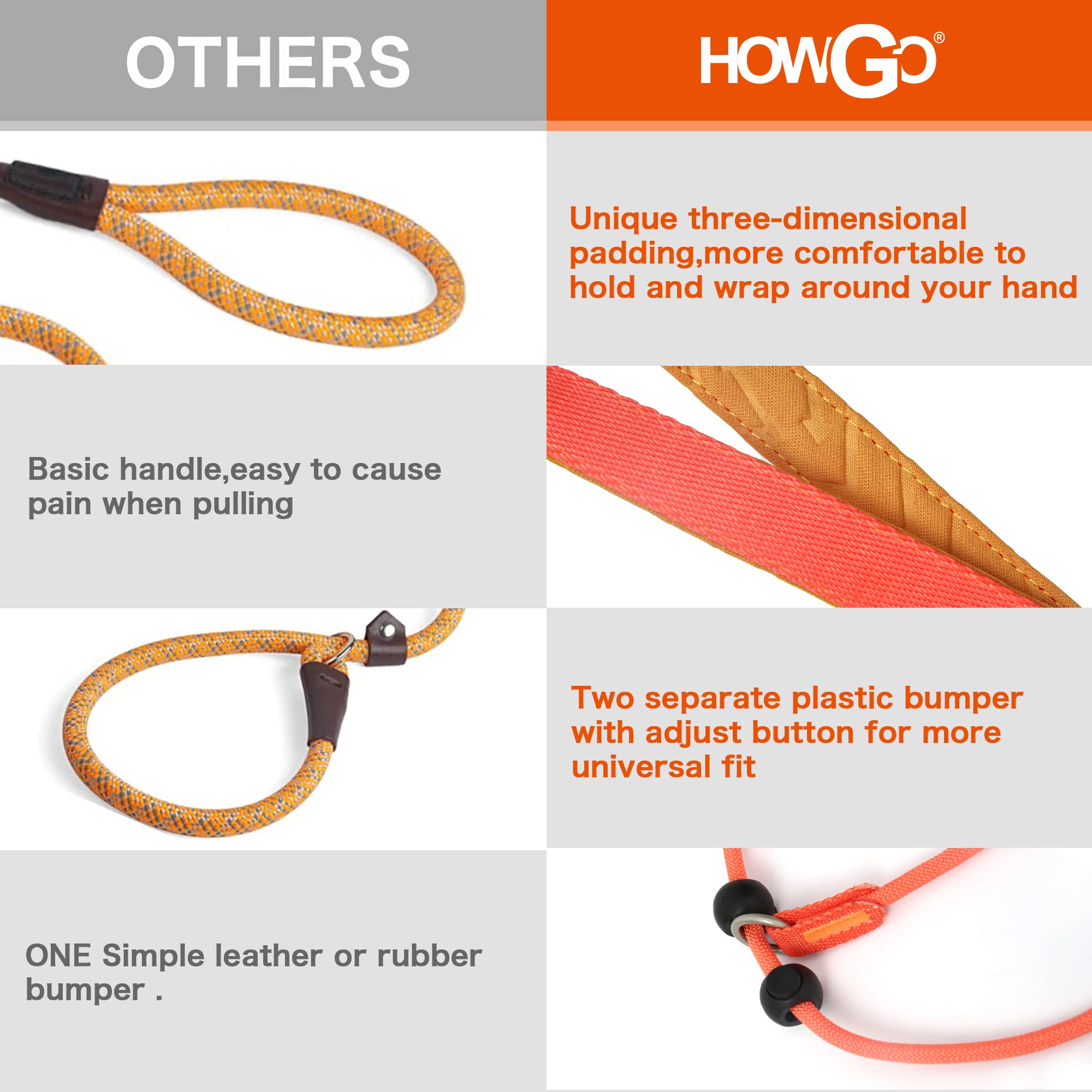 HOWGO Dog Slip Lead Leash, No-Pull Cinch Design, 5FT Heavy Duty, Durable, Padded Handle, Orange