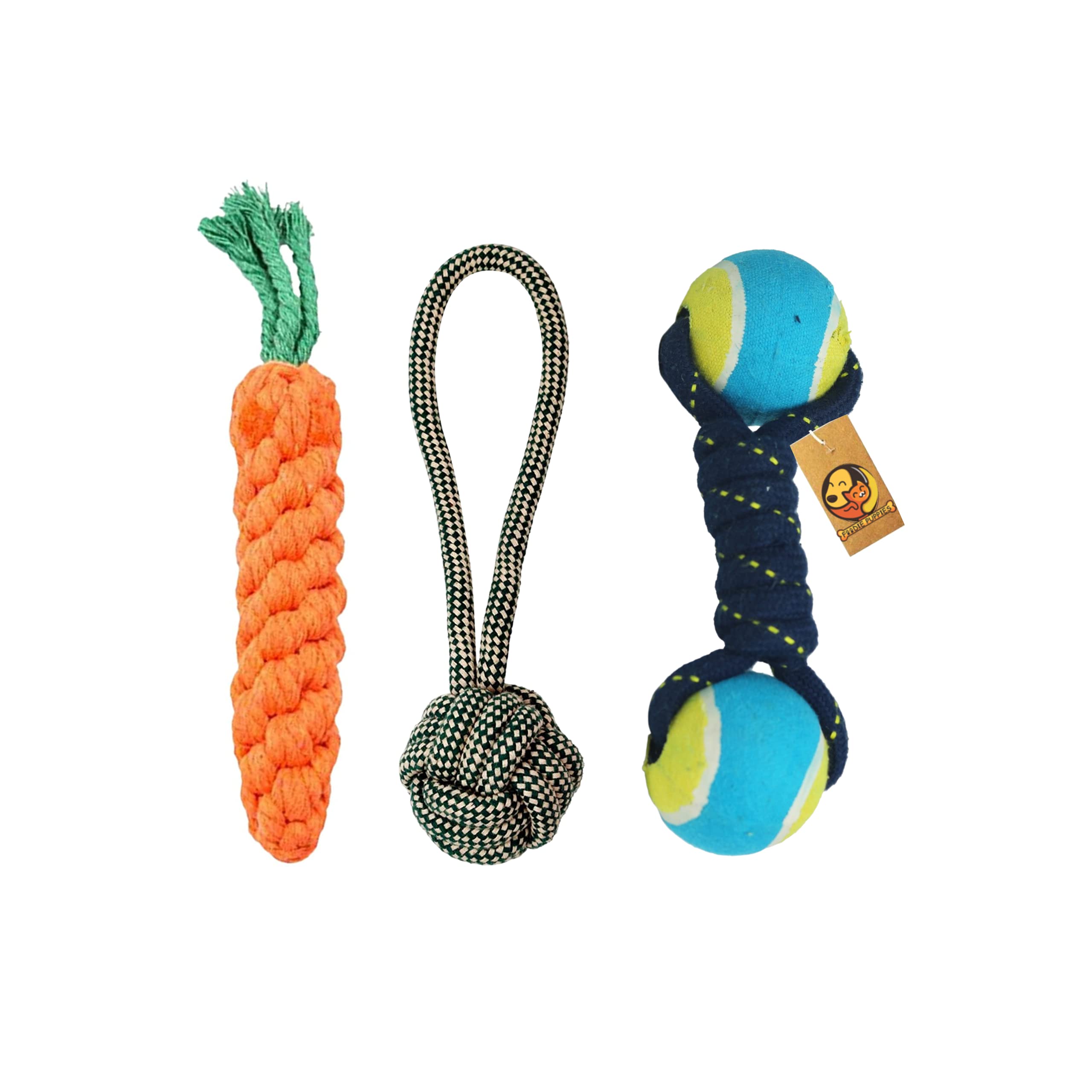 Foodie Puppies Dog Chew Cotton Rope Toys 3In1 Combo For Small Dogs & Puppies (DualTennis + Carrot + Handle Rope) Knotted Cotton
