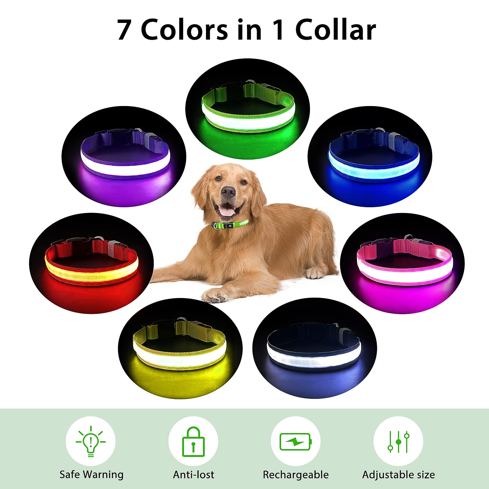 PcEoTllar LED Light Up Dog Collar - Rechargeable, Color Changing, Waterproof, L(19-23.6 inch), Green, Model DC5200RGB