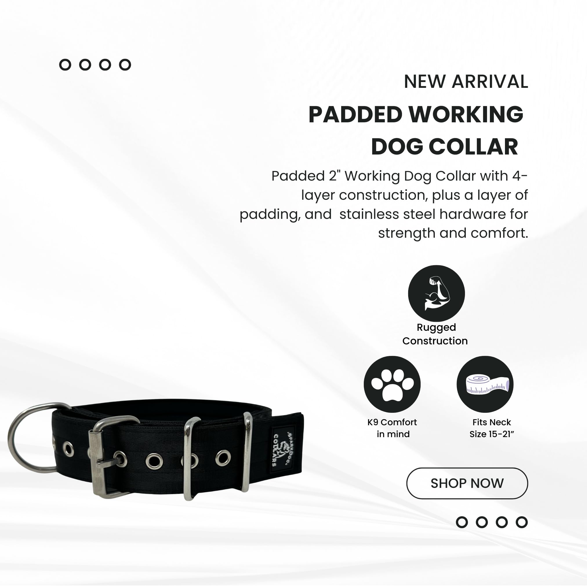 Sparkdog Collars Working Dog Collar - 2'' 4Ply Padded Heavy Duty Stainless Steel Tactical Seatbelt Wide Buckle Collar (Black, La
