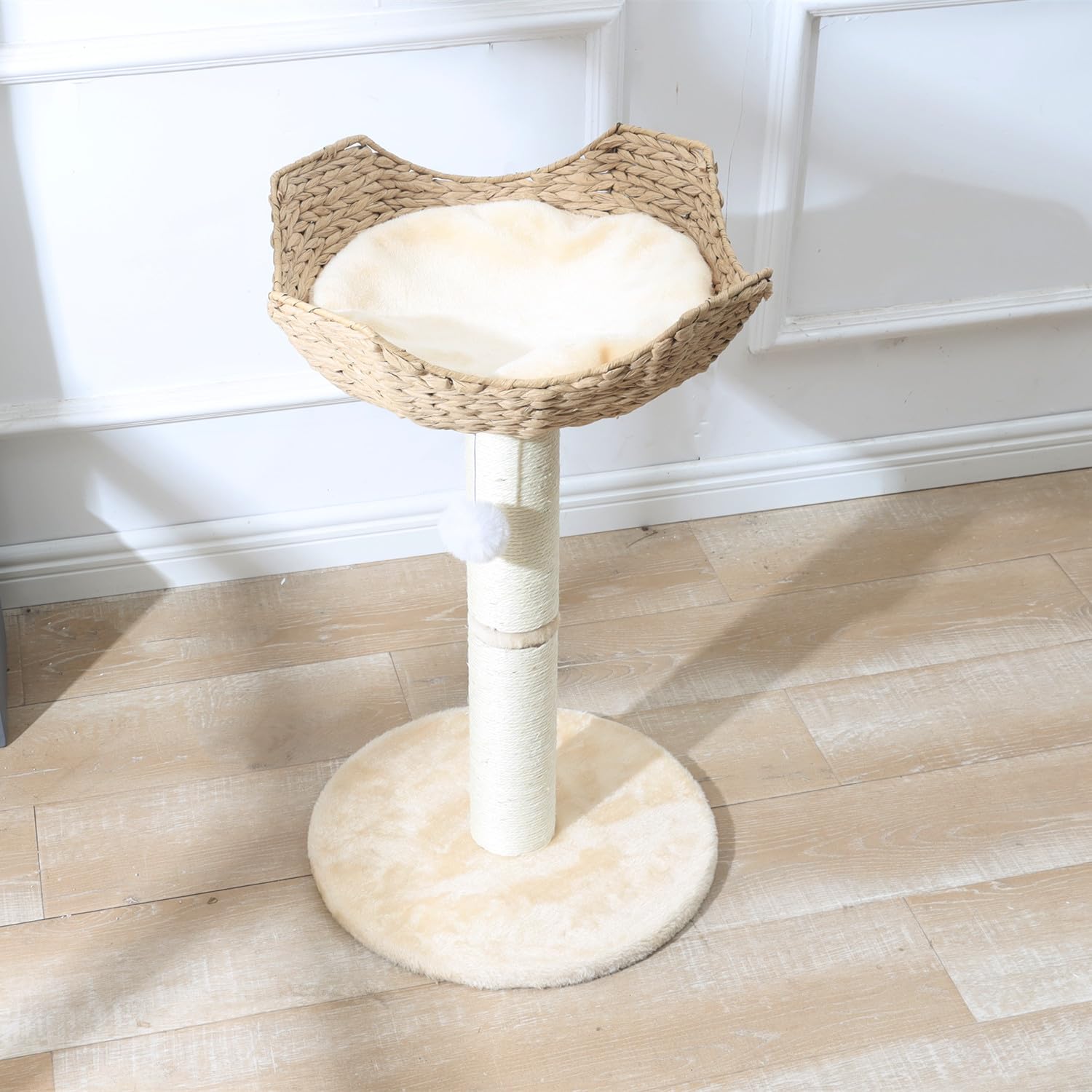 SHENGOCASE Cat Tree Tower with 17.7" Rattan Basket, Metal Frame, Window Perch for Large Cats up to 25LBS