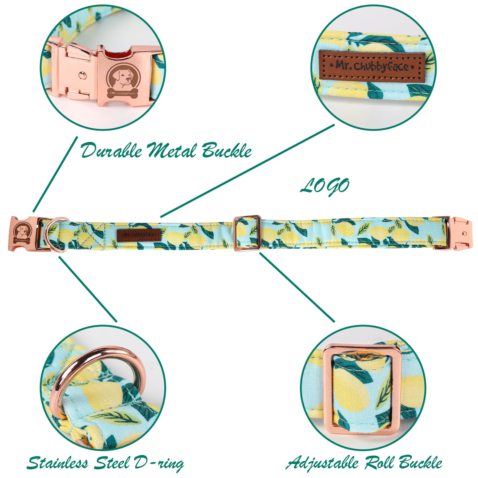 Mr. Chubbyface Spring Summer Dog Collar, Cute Green Lemon Dog Collars, Adjustable Durable Soft Natural Fabric Pet Collar For Sma