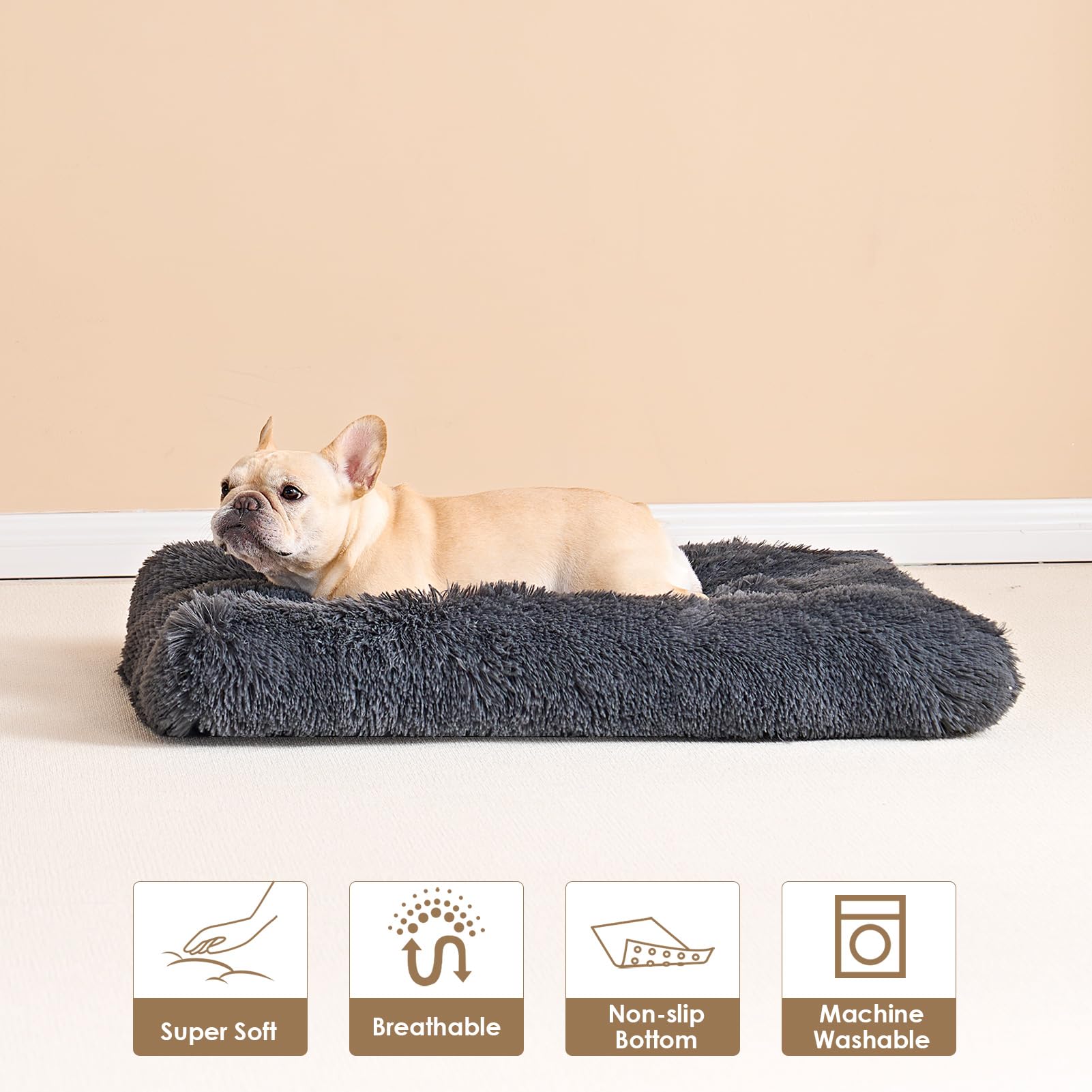 Eheyciga Fluffy Dog Crate Bed For Medium Dogs, Plush Faux Fur Dog Crate Pad, Calming Anti Anxiety Medium Dog Bed For Crate, Washable Soft Warm Dog Crate Mat With Non-Slip Bottom, Dark Grey