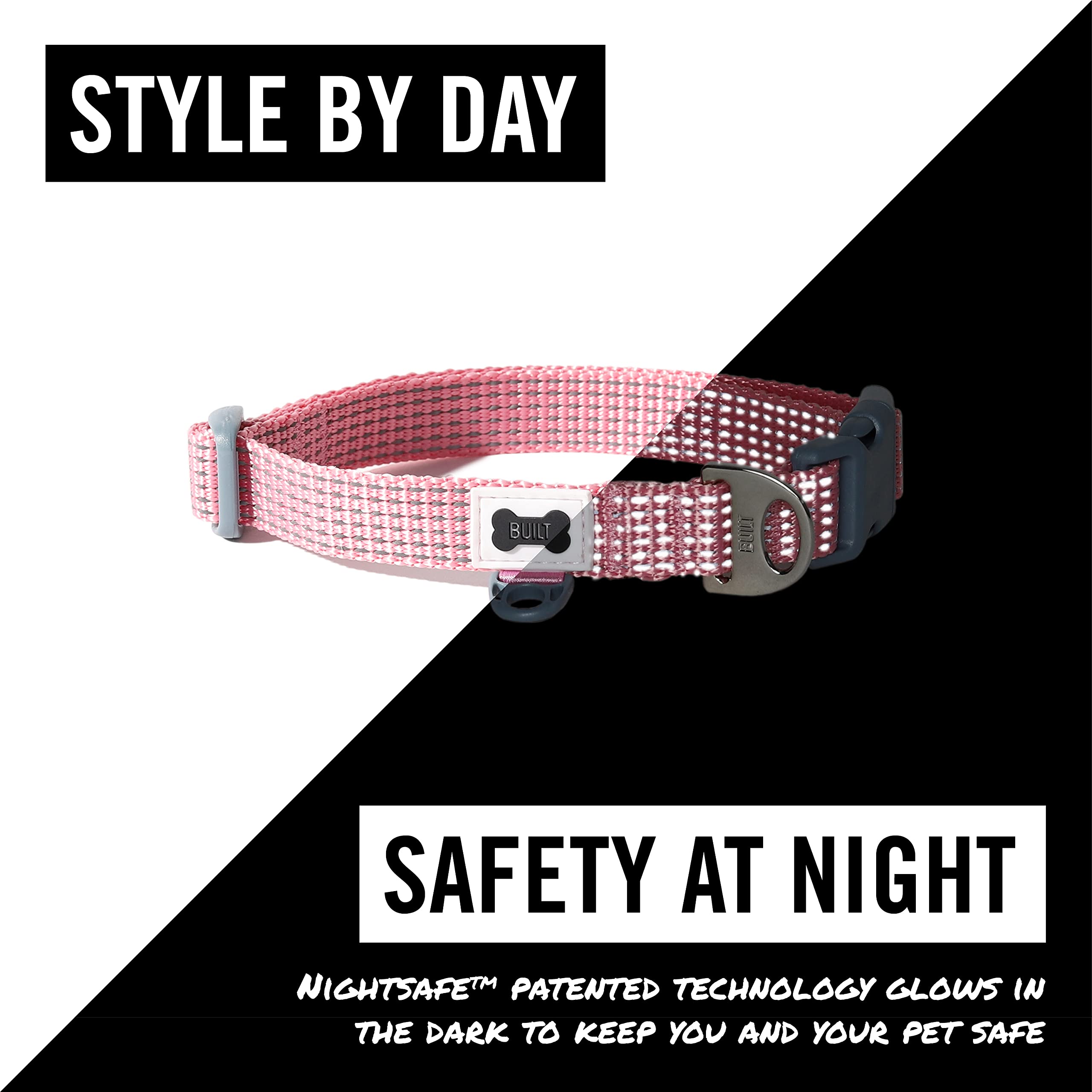 Built Pet Nightsafe Dog Collar Small, Pink And Gray