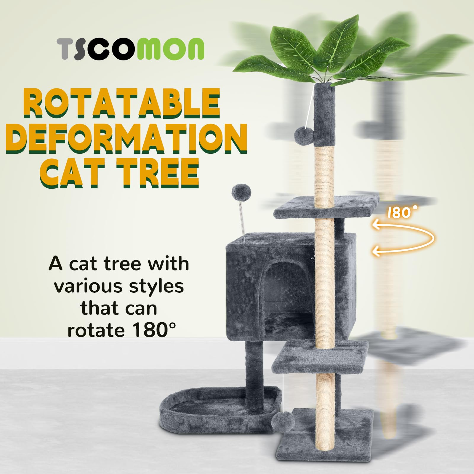 TSCOMON 52 Cat Tree Cat Tower for Indoor Cats with Green Leaves, Multi-Level Cozy Plush Cat Condo Cat House Scratching Posts for
