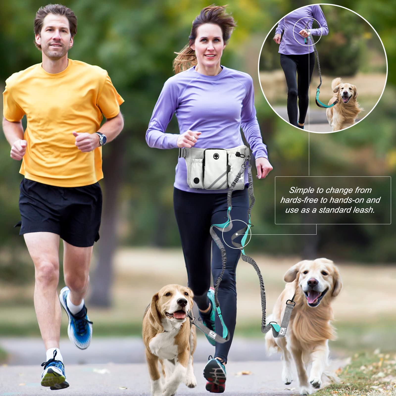 Shine Hai Retractable Hands Free Dog Leash With Dual Bungees For 2 Dogs, Adjustable Waist Belt, Reflective Stitching Leash For Running Walking Hiking Jogging Biking Black - Gray
