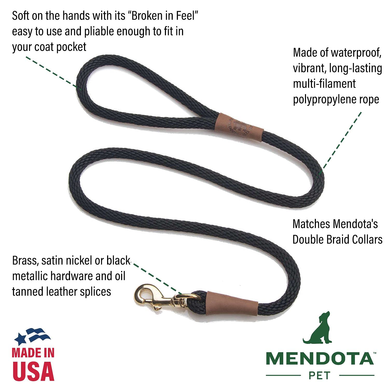 Mendota Pet Snap Leash - British-Style Braided Dog Lead, Made In The Usa - Sapphire, 1/2 In X 6 Ft - For Large Breeds