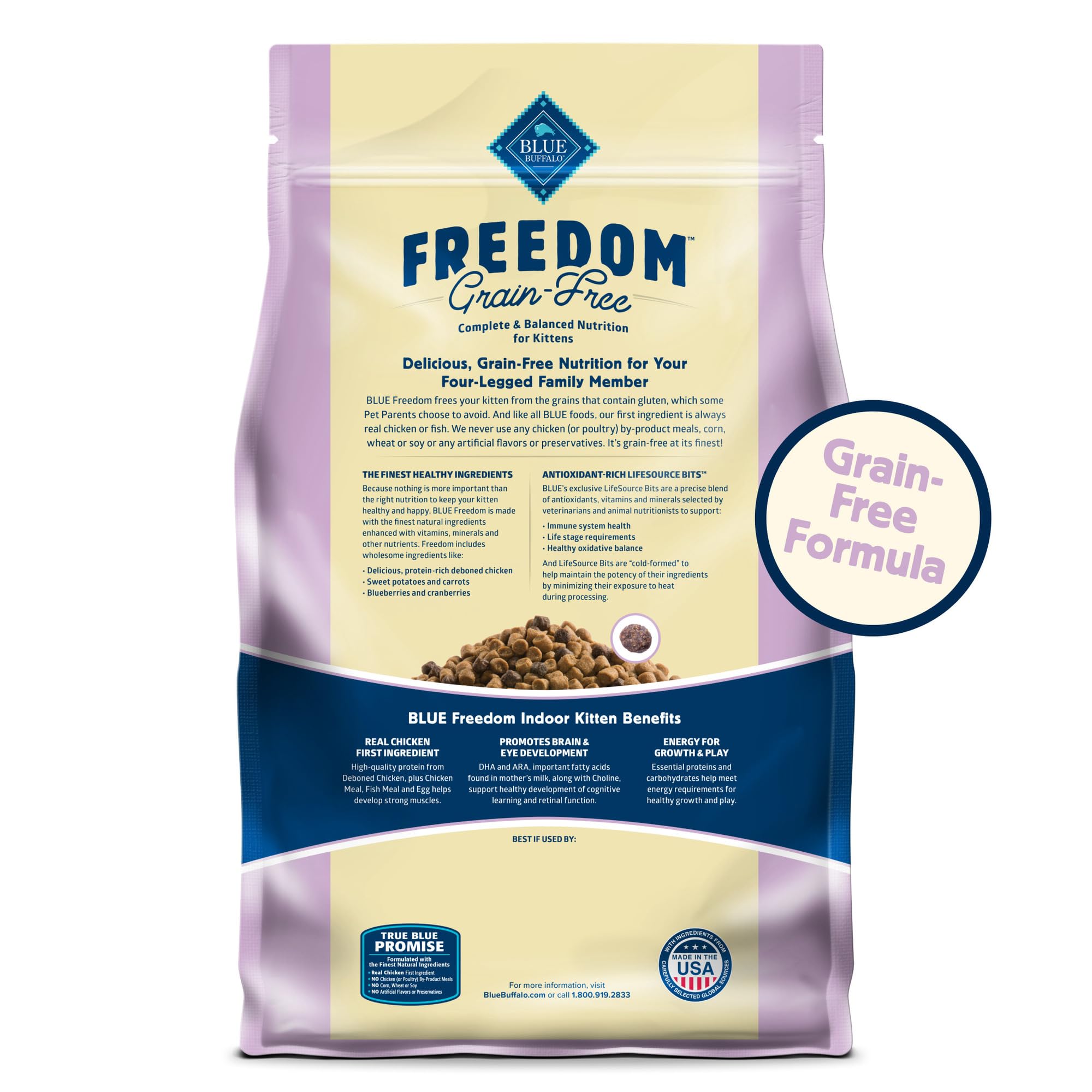 Blue Buffalo Freedom Grain-Free Indoor Dry Kitten Food with DHA, Complete & Balanced Nutrition for Kittens, Chicken Recipe, 5-lb