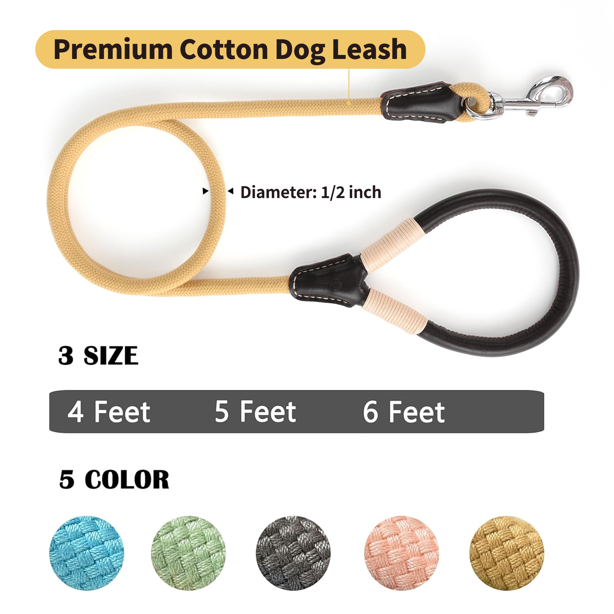 Mile High Life Genuine Leather Wrapped Handle Dog Leash, W Heavy Duty Clasp Rope Leash For Small Medium Large Dogs (Yellow, 4Ft)