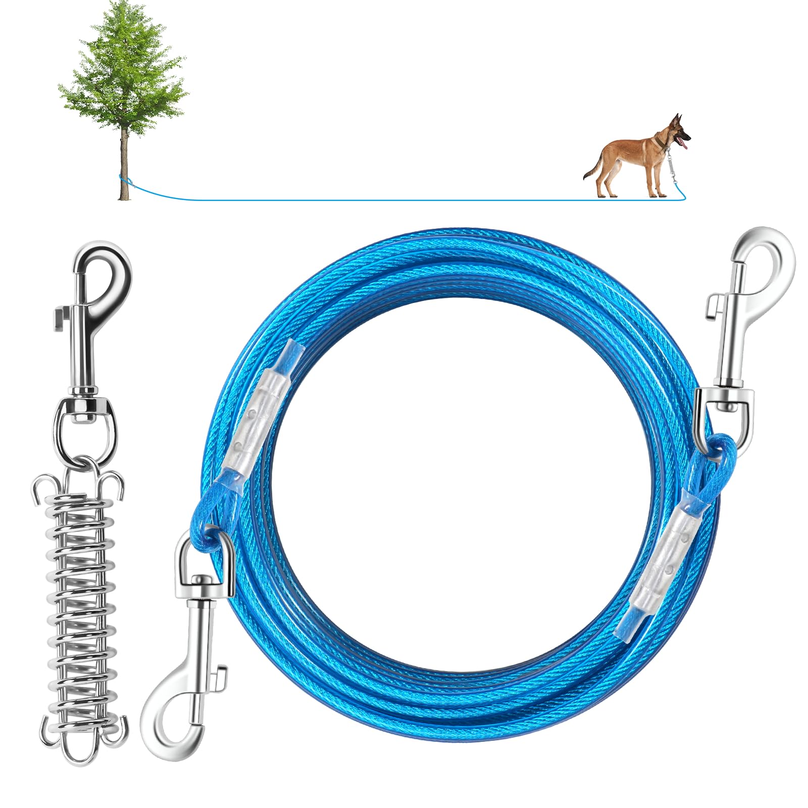 Dog Tie Out Cable, 30 Ft Heavy Duty Dogs Lead Cable With Detachable Shock Spring, Dog Runner Chains For Outside Yard Camping Hol