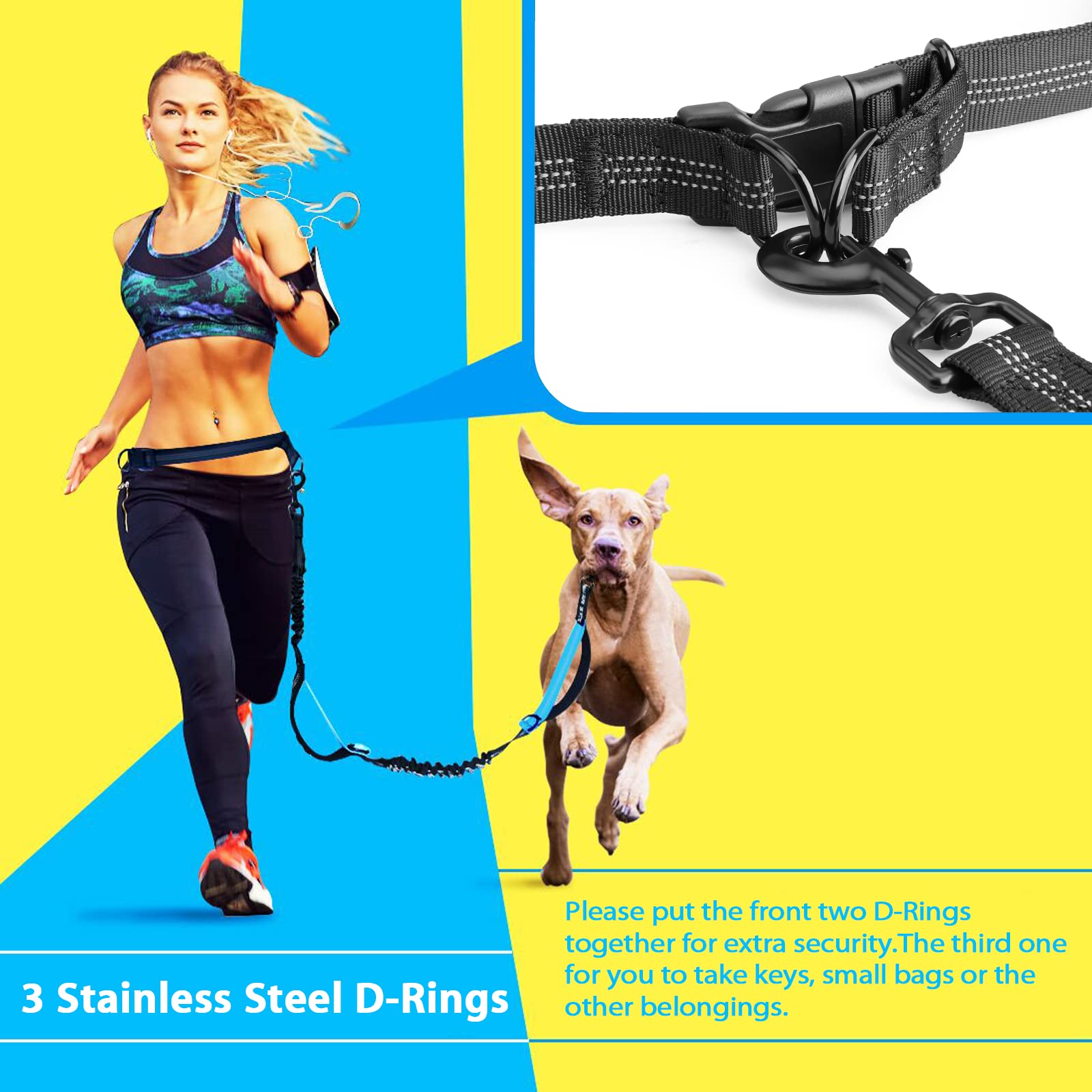 Uppetly Hands Free Dog Running Leash With Adjustable Waist Belt, Dual Handle Elastic Bungees Retractable Rope For Medium And Large Dogs, Reflective Stitches For Walking Hiking Biking
