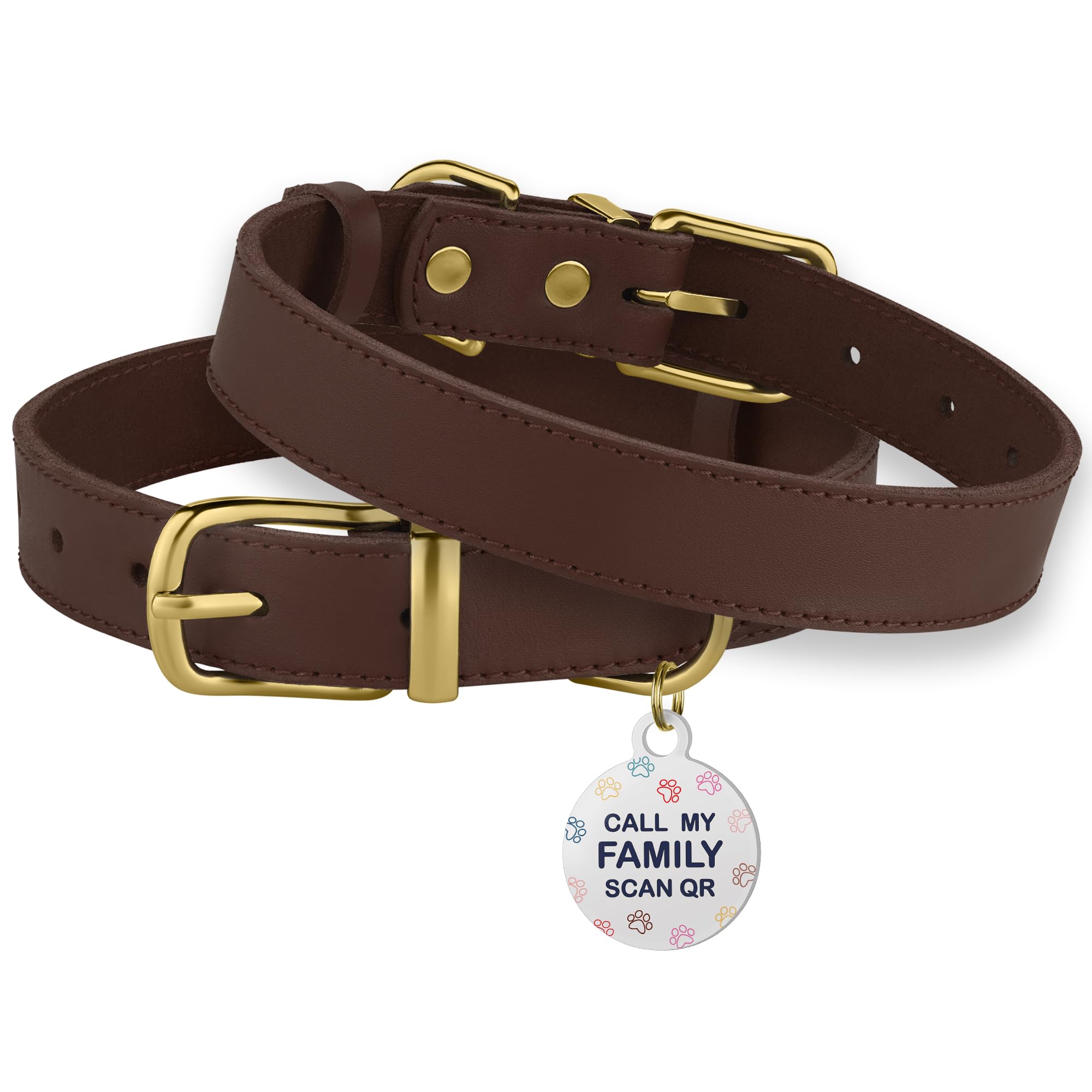 Bronzedog Leather Dog Collar With Metal Buckle Durable Basic Pet Collars For Small Medium Large Dogs (19-21 Inch (Pack Of 1), Dark Brown & Gold Buckle)