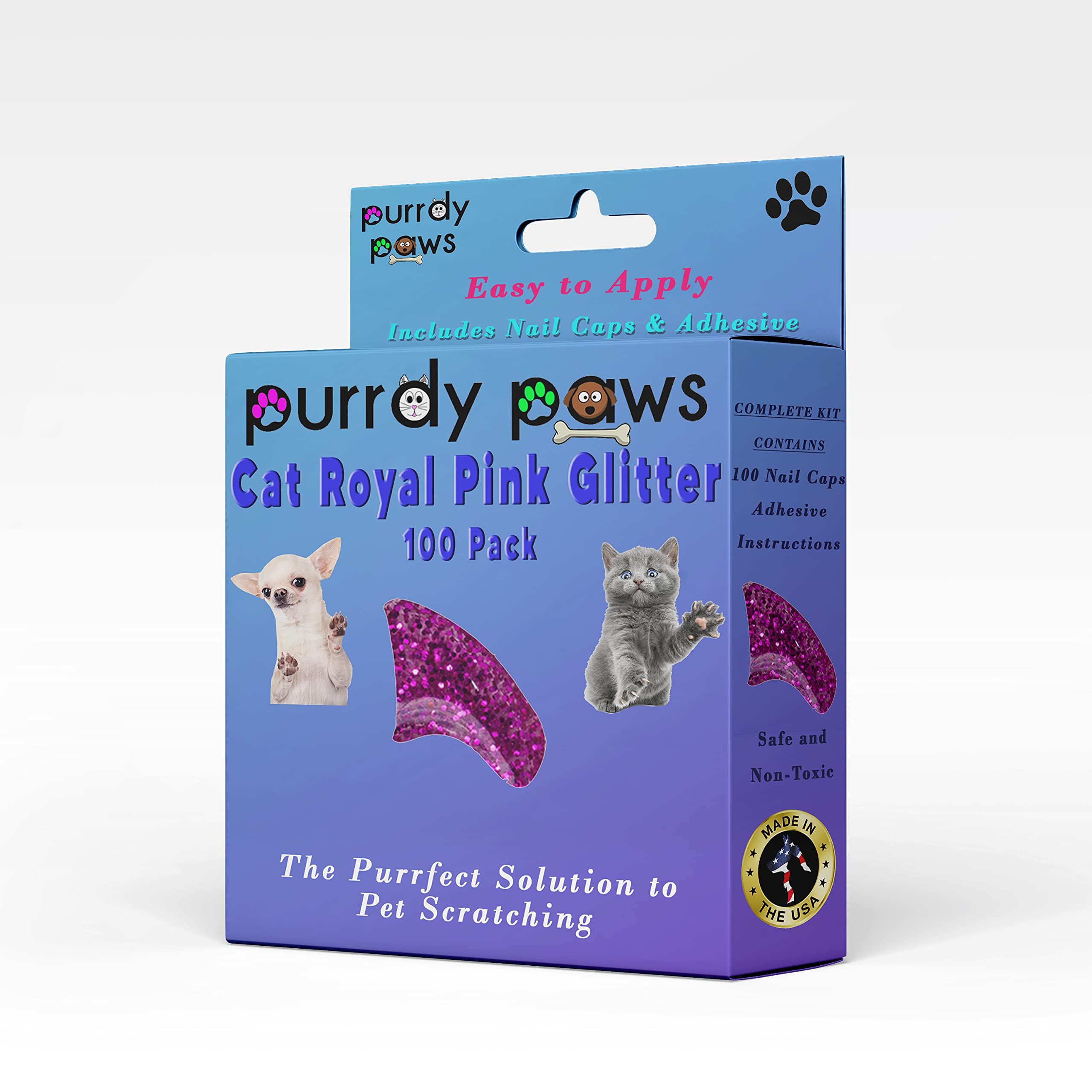 Purrdy Paws 100 Pack Soft Nail Caps For Cat Claws Royal Pink Glitter Medium