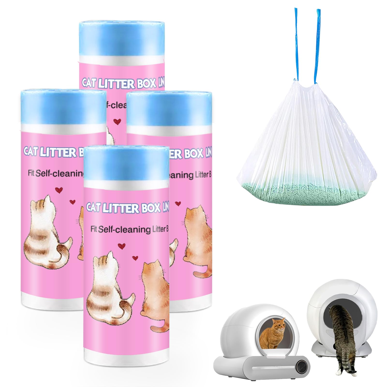 Joddguu 100 Count Self-Cleaning Cat Litter Box Liners Compatible With Automatic Cat Litter Box, Drawstring Heavy Duty Kitty Litt