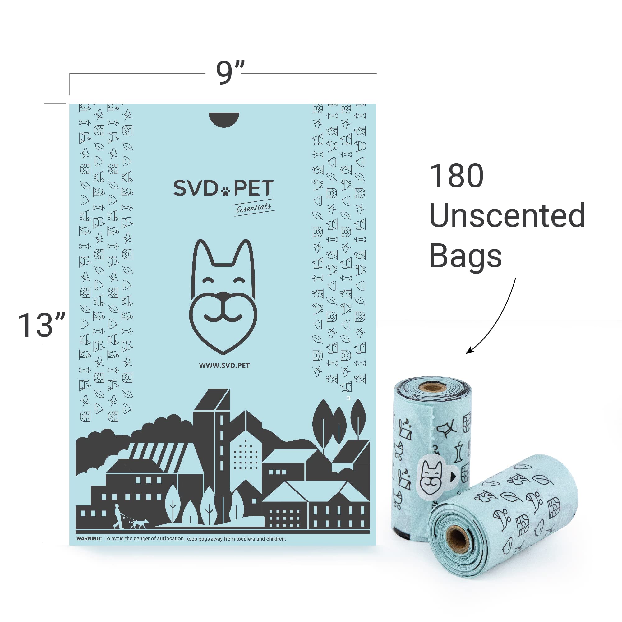SVD.PET Dog Poop Bags - 120 Unscented, Extra Thick, 100% Leak-Proof - 8 Rolls, 120 Count, Plastic, Ideal for Waste Disposal
