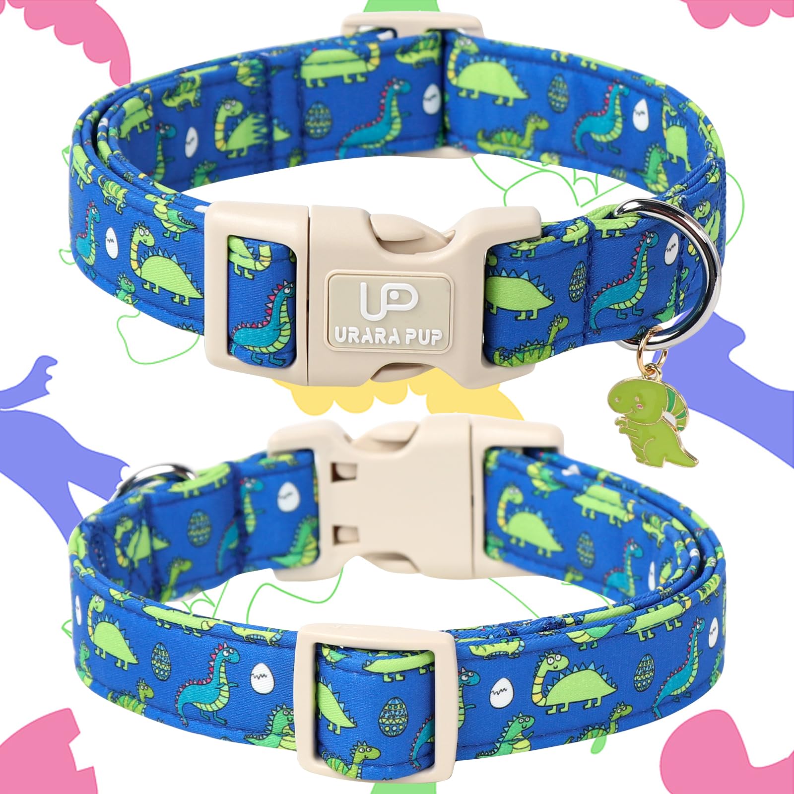 Up Urara Pup Summer Dog Collar-Dinosaur Dog Collars With Dino Eggs-Blue Summer Pet Dollar-Soft, Adjustable & Stylish For Small/M