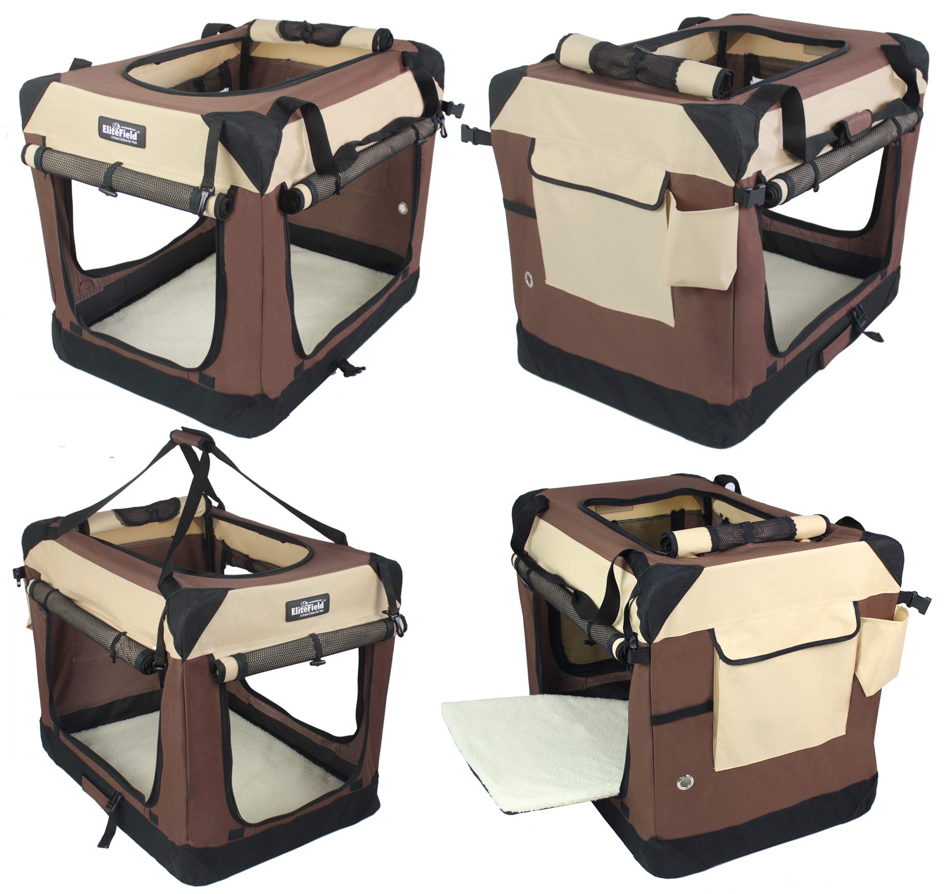 Elitefield 4-Door Folding Soft Dog Crate With Curtains, Carrying Bag And Fleece Bed (2 Year Warranty), Indoor & Outdoor Pet Home (36' L X 24' W X 28' H, Brown+Beige)