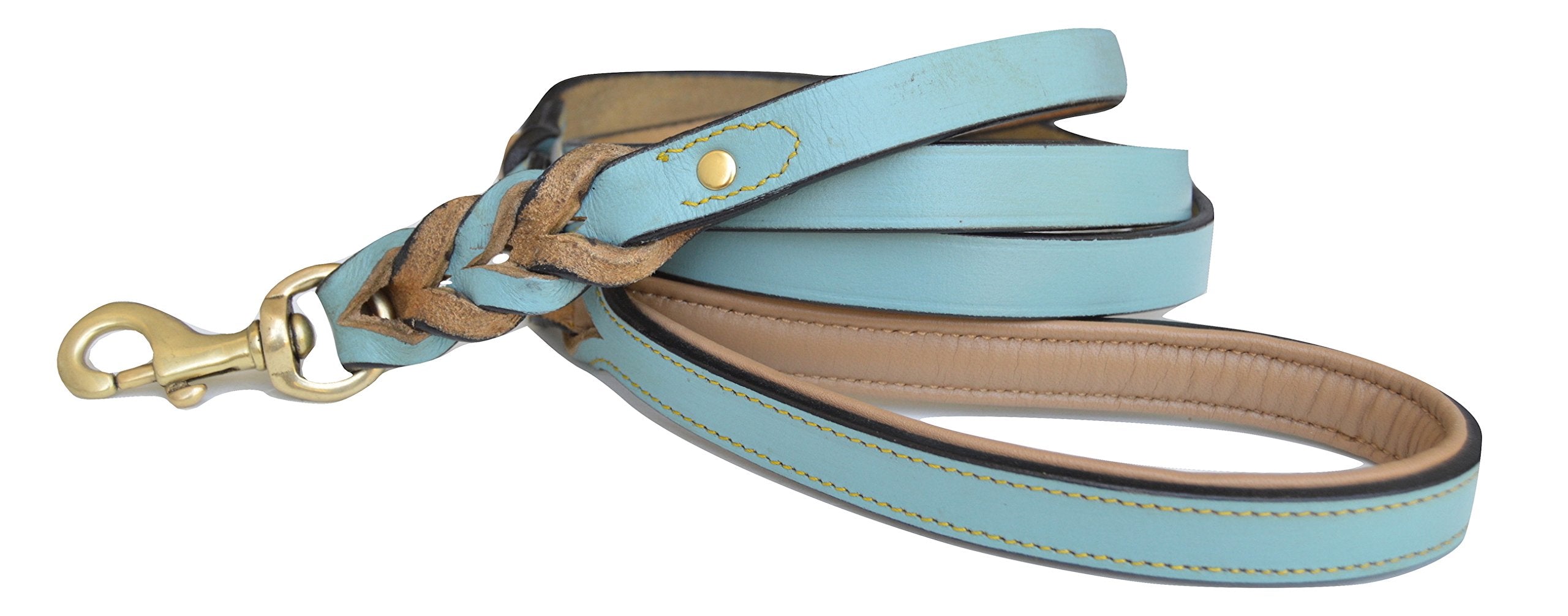 Soft Touch Collars Heavy Duty Leather Braided Dog Leash, 6 Ft X 3/4 Inch, Turquoise With Beige Padded Handle