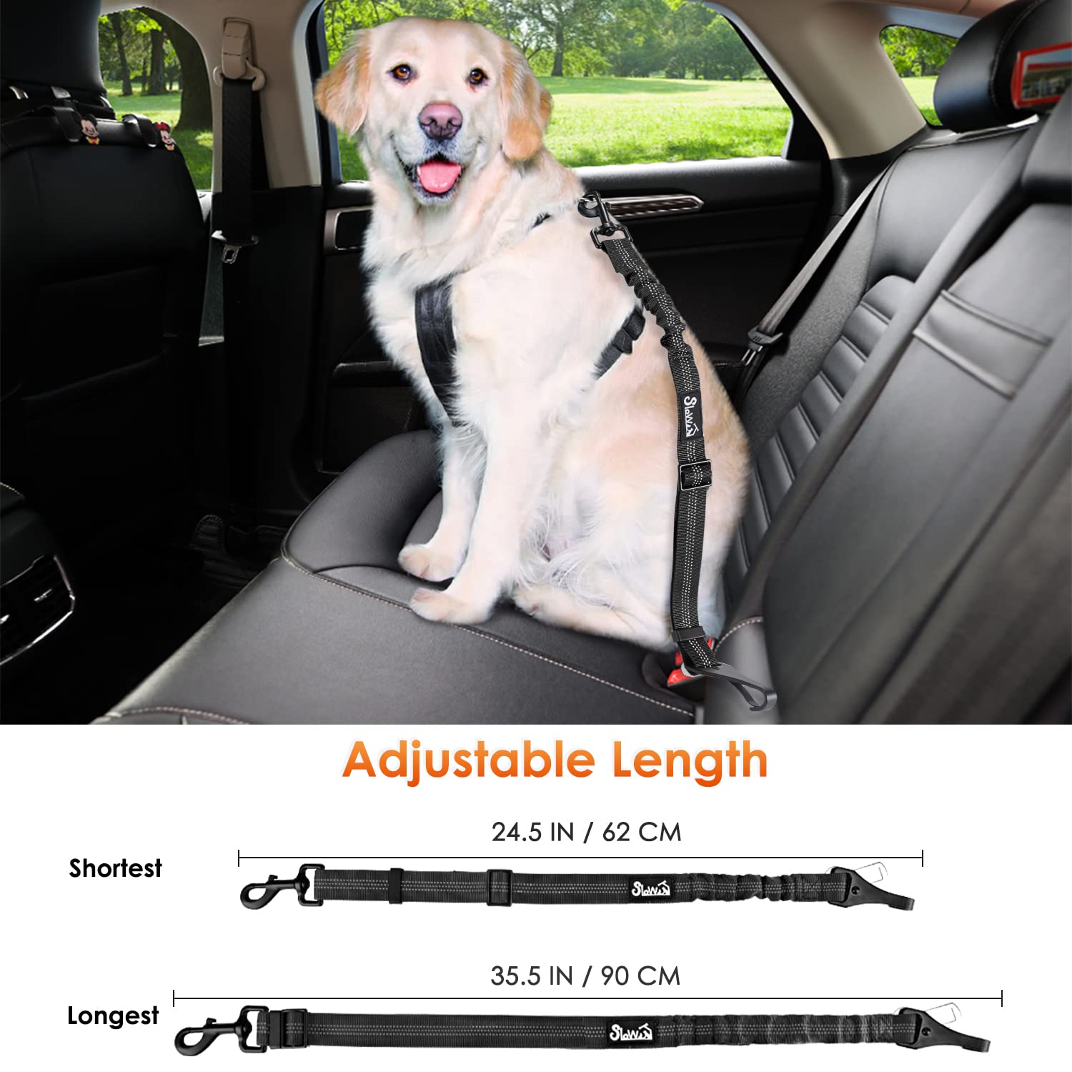 SlowTon Dog Seat Belt, Adjustable 35.5in Nylon Bungee Leash, Black - Reflective Safety Harness Attachment, Model STP38N-L-B-AO