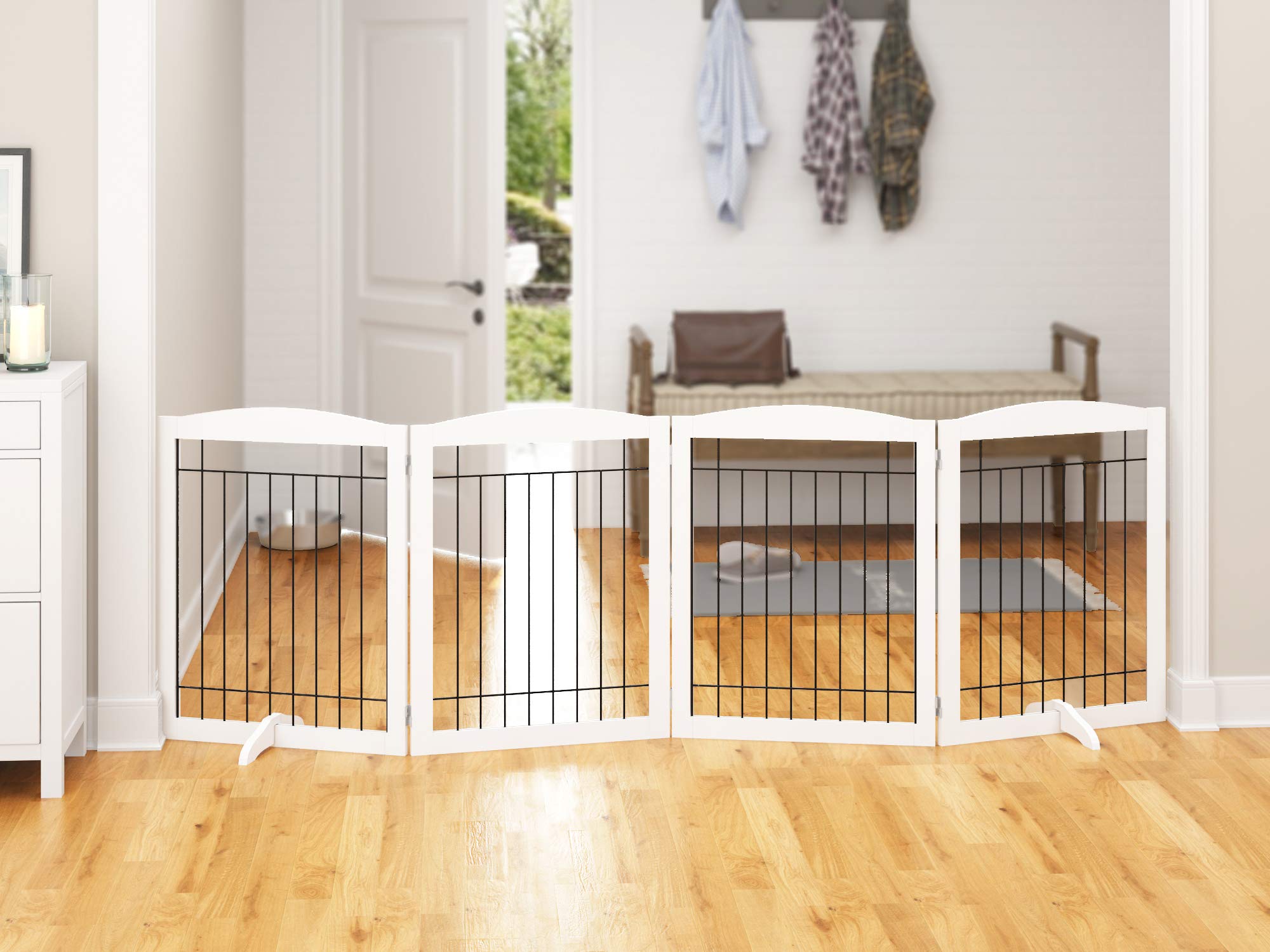 PAWLAND Extra Wide Dog Gate - 4 Panel Wooden Pet Fence, 96"W x 30"H, Freestanding, White, Model SS18-UTXP204