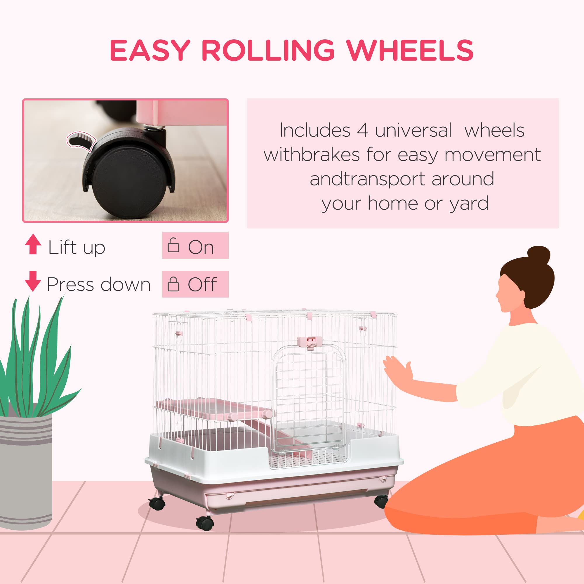 Pawhut 2-Level Small Animal Cage Rabbit Hutch With Wheels, Removable Tray, Platform And Ramp For Bunny, Chinchillas, Ferret, Pink