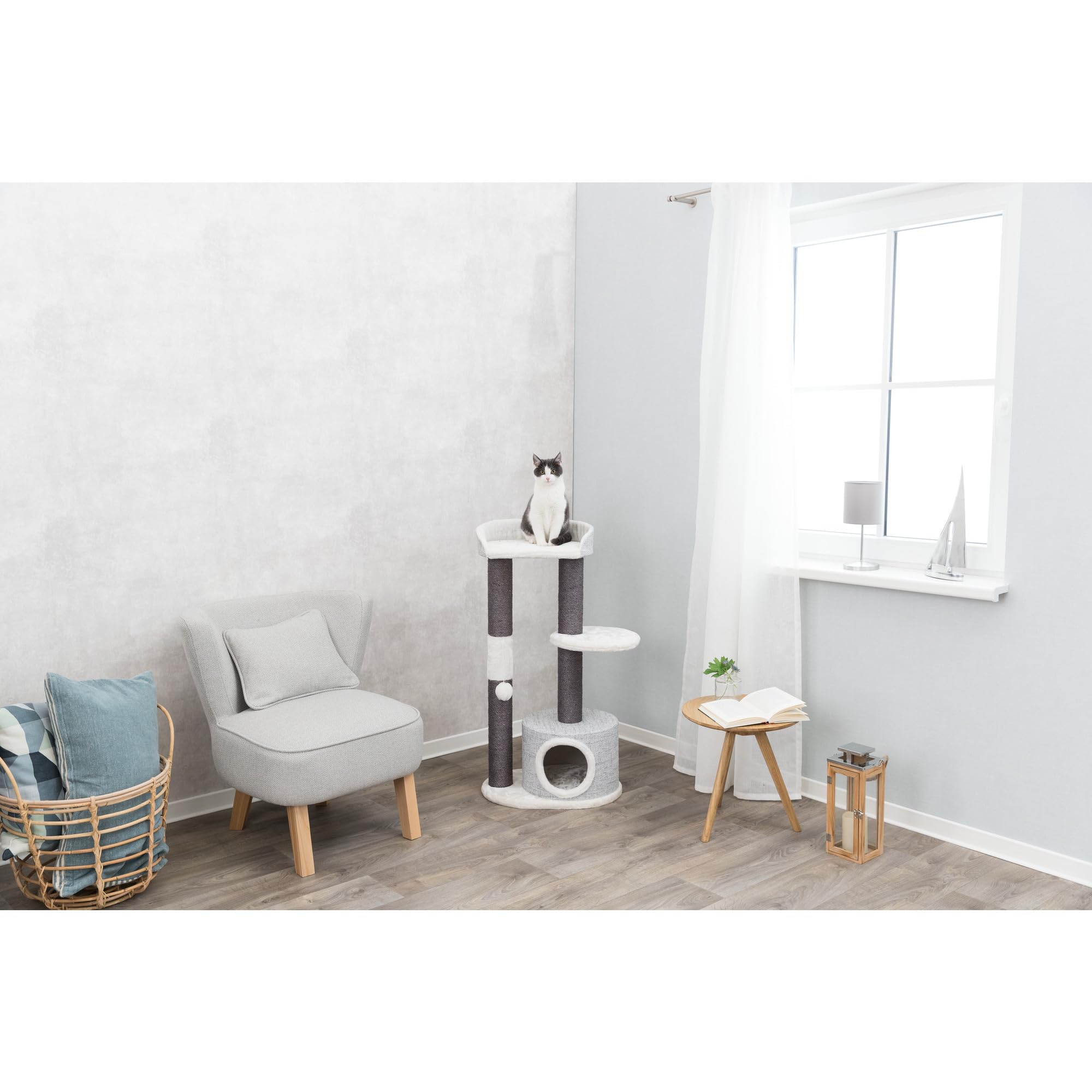 Trixie Pilar Cat Scratching Post 39.4 Inch - With Durable Sisal Rope (Gray) And Condo, Two Platforms, Top Platform With Backrest