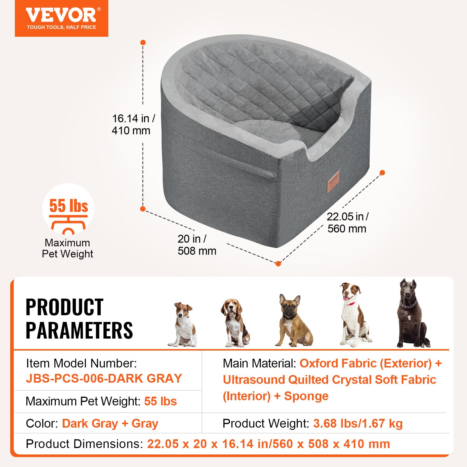 VEVOR Dog Car Seat, Waterproof Booster Seat for Small/Medium Dogs up to 55lbs, Dark Gray, Oxford Fabric with Sponge Filling, Model JBS-PCS-006