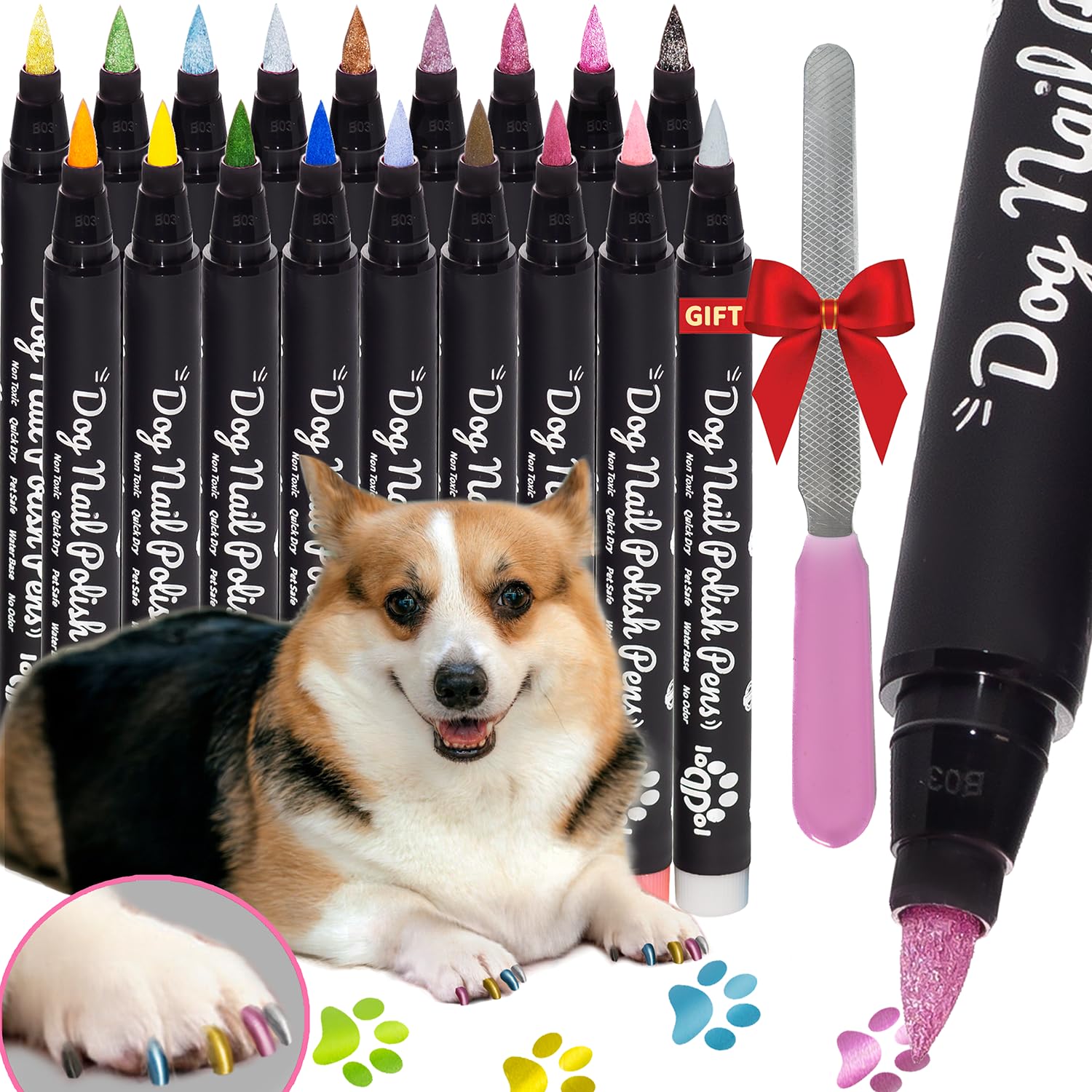 Loqpol 18 Metallic & Matte Colors Dog Nail Polish Pens Quick Dry with Dog Nail File, Non Toxic Glitter Dog Safe Nail Polish, Eas