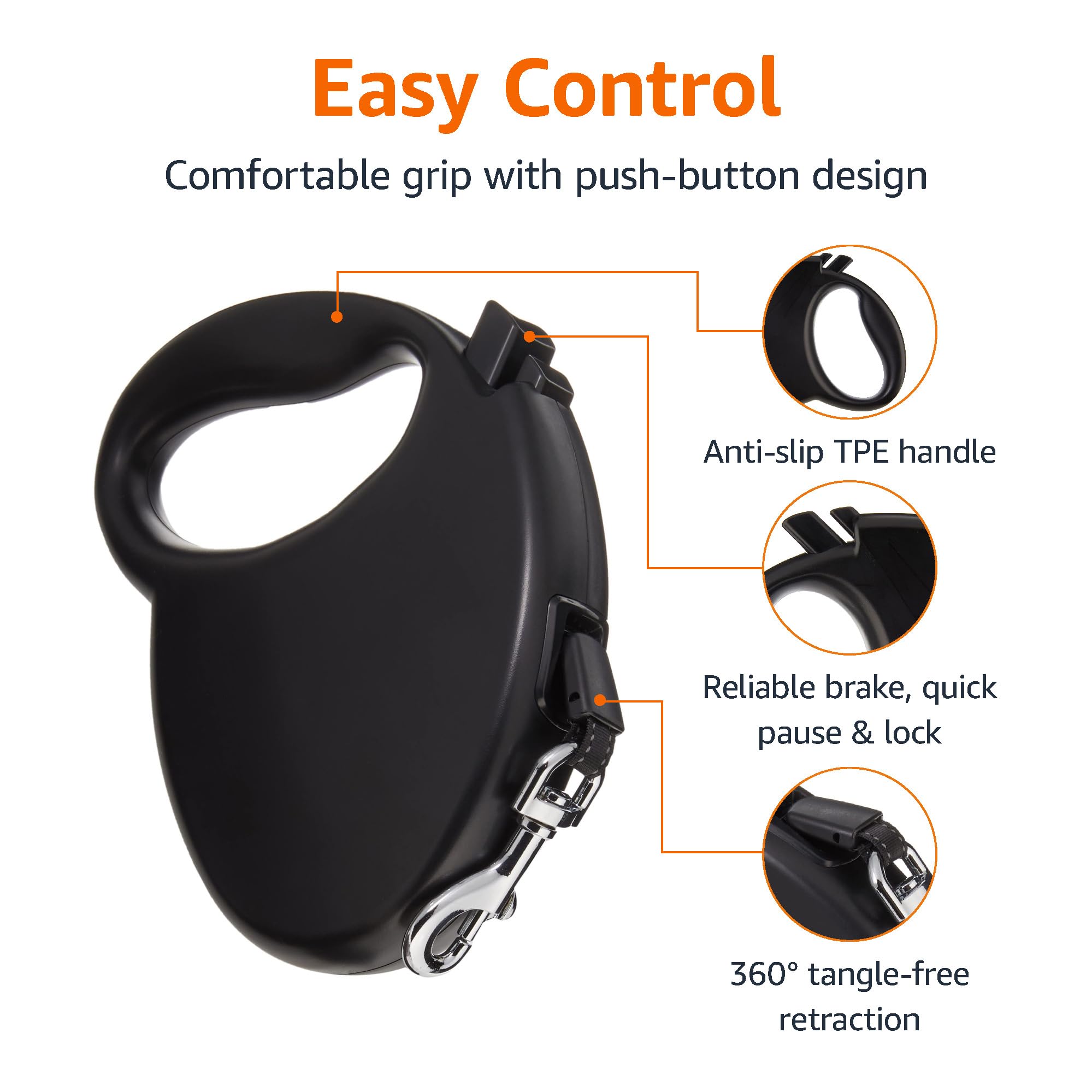 Amazon Basics Retractable Pet Leash for Dogs under 44 lbs, Medium 16ft, Black, Durable Nylon, Model RDL-M16