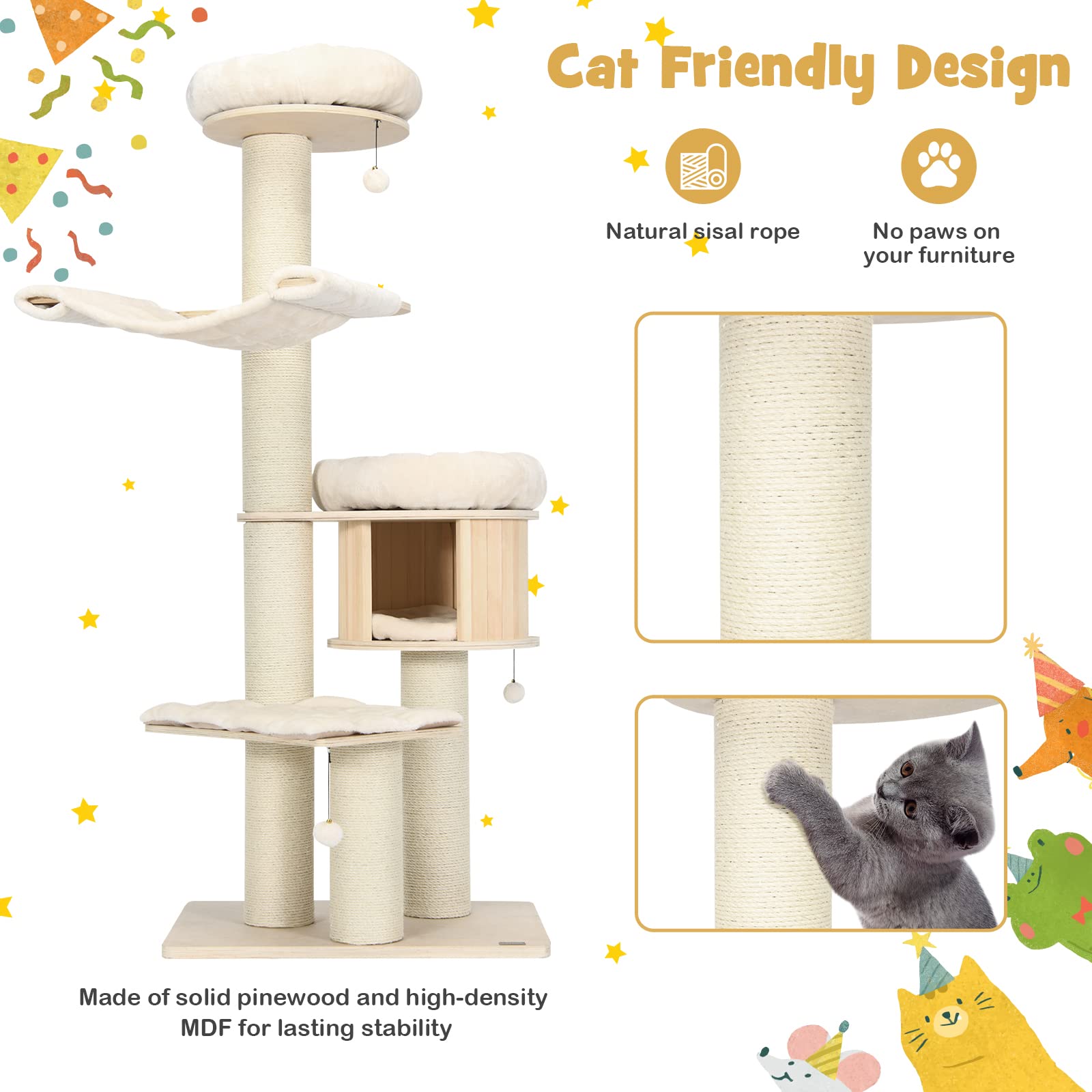 Petsite 68.5' Tall Cat Tree, Multi-Level Modern Cat Tower With Sisal Scratching Posts, Top Perch, Cat Condo, Hammock, Jingling Balls, And Washable Cushions, Cat Tree Tower For Indoor Cats Large Adult